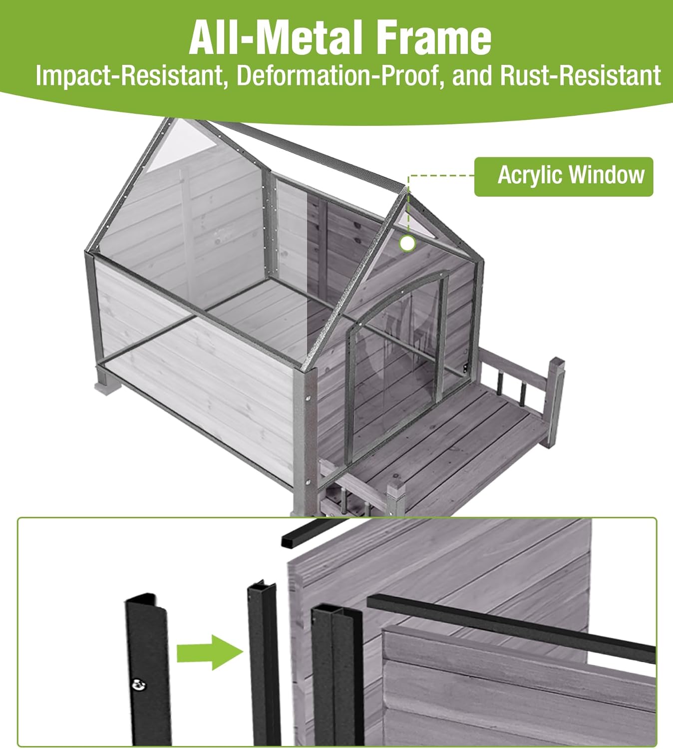 GUTINNEEN Insulated Dog House Outdoor, Waterproof Dog Kennel with Anti-Bite Design, Asphalt Roof, Elevated Base, PVC Curtain, for Small to Medium Dogs - Grey