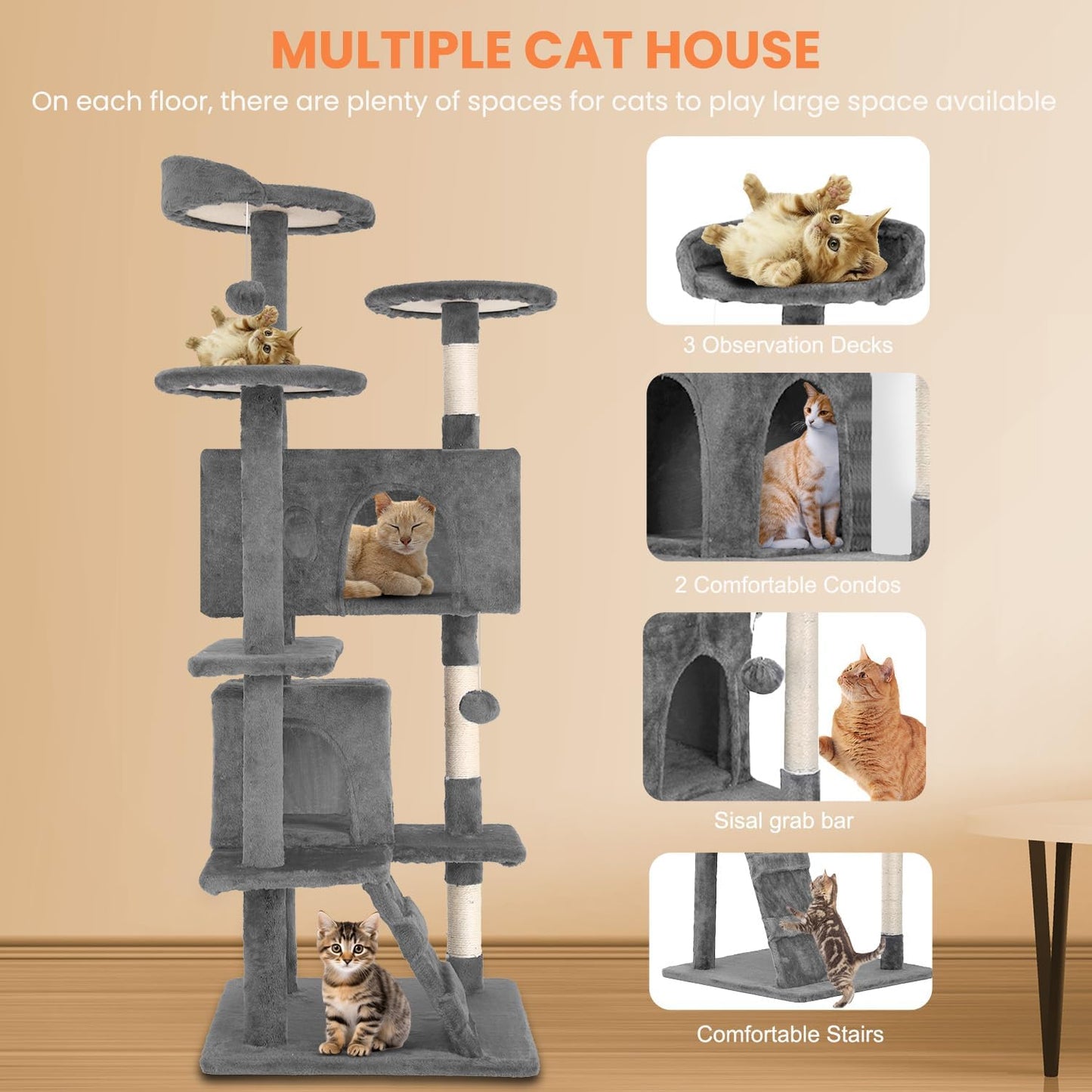 54.7 Inches Cat Tower for Indoor Cats, Multi-Level Cat Condos with Scratching Posts, Hanging Toys, Light Gray