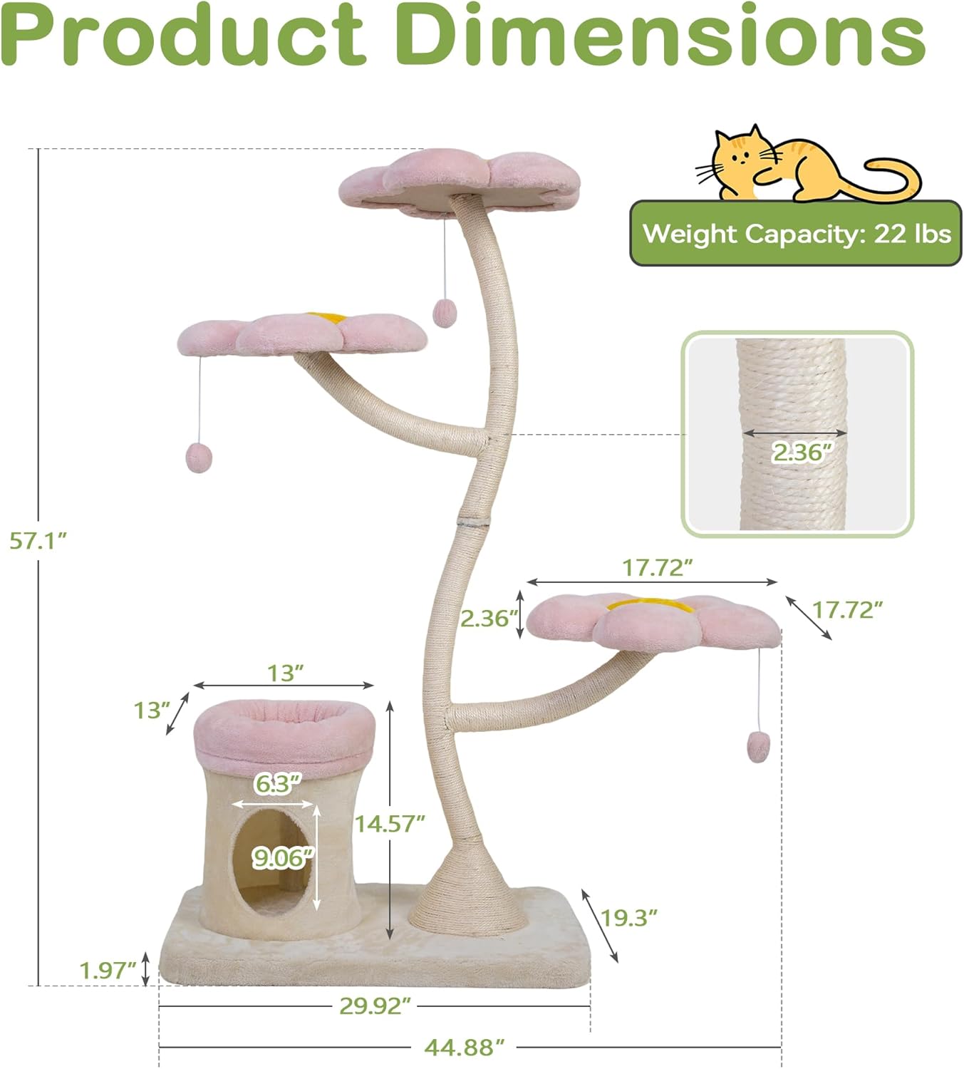COZIWOW Aesthetic Cat Tree for Large Cats, 57'' Tall Modern Cat Tree Tower Scratching Post with Large Condo, Cat Bed, Side Perch, Luxury Cat Gifts