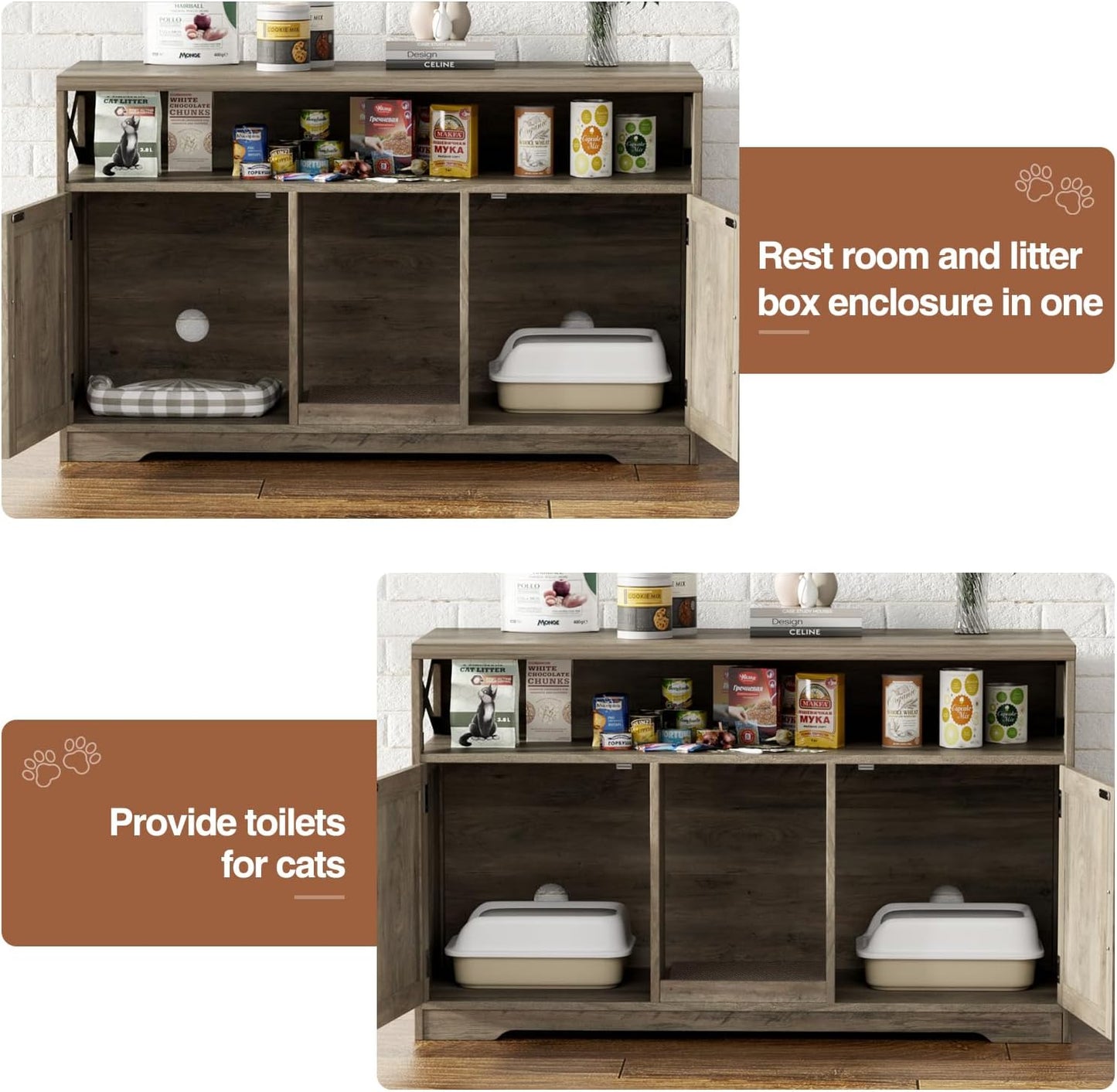 Cat Litter Box Enclosure for 2 Cats, 47" Double Hidden Litter Box Furniture with Scratch Pad, Farmhouse Indoor Litter Box Cabinet Cat Washroom, Grey