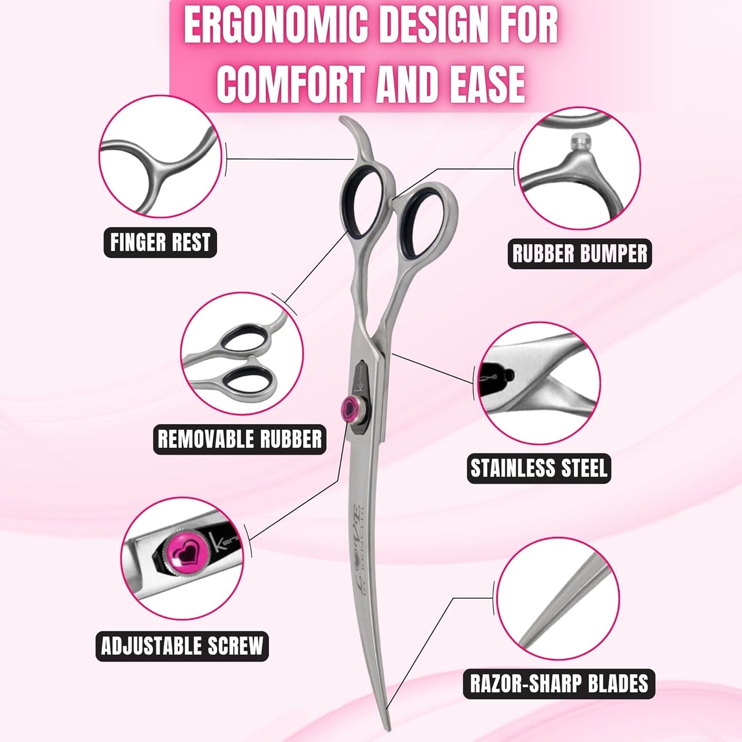 Kenchii Love Left Handed Dog Grooming Scissors, 8 Inch Curved Shears, Dog Scissors for Grooming, Professional Pet Grooming Scissors, Ergonomic & Comfortable