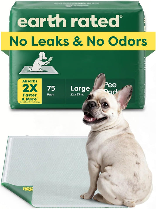 Earth Rated Max Absorbency Puppy Pee Pads for Dogs Absorbs 2X Faster & 2X More, Leak-Proof Odor-Free Potty Training Wee Wee Pad, Unscented, Large, 22” x 23”, 75 Count