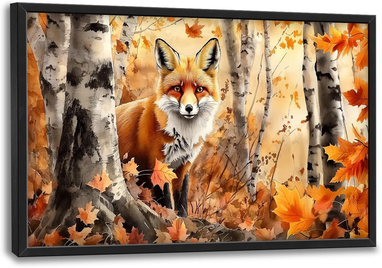 Large Fox Wall Art for Living Room, Framed Oversized Fall Autumn Forest Wall Decor Tree Maple Leaves Canvas Painting Modern Artwork for Living Room Bathroom Bedroom Office Dining Room 36"x24"