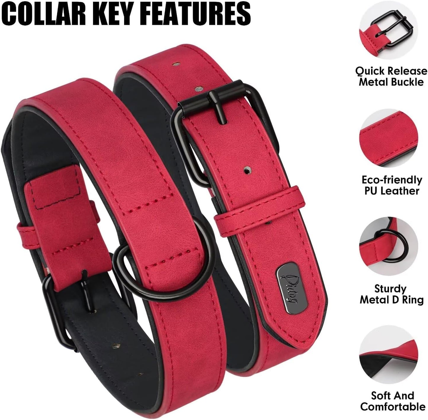 Didog Soft Padded PU Leather Dog Collar, Breathable and Adjustable Red Dog Collar for Large Dogs, Comfortable for Daily Walk,Red XL Fit Neck 17-21"(44-71 lbs)