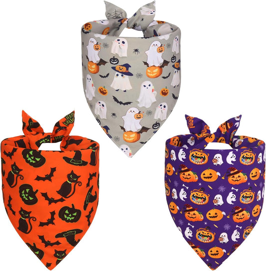 Halloween Dog Bandanas Small 3PCS, 6 Pattern Fall Scarf for Boy and Girl, Triangle Reversible Bibs Breed for Puppy Pets