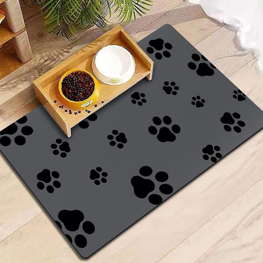 Pet Feeding Mat-Cat Dog Mat for Food and Water Bowl, Absorbent Quick Dry Food Mat Anti-Slip No Stains Dog Placemat with Footprints for Messy Drinkers,12"x20"Dark Grey