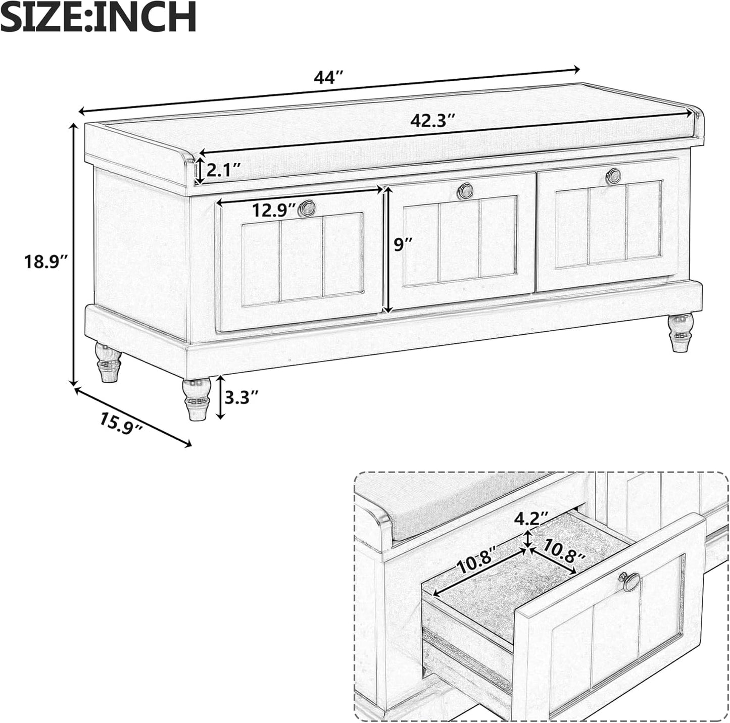Classic Shoe Storage Bench with Cushion and Three Drawers, Fluted Entryway Bench with Storage for Entryway, Living Room, Hallways 44.0" L x 15.9" W x 18.9" H Espresso