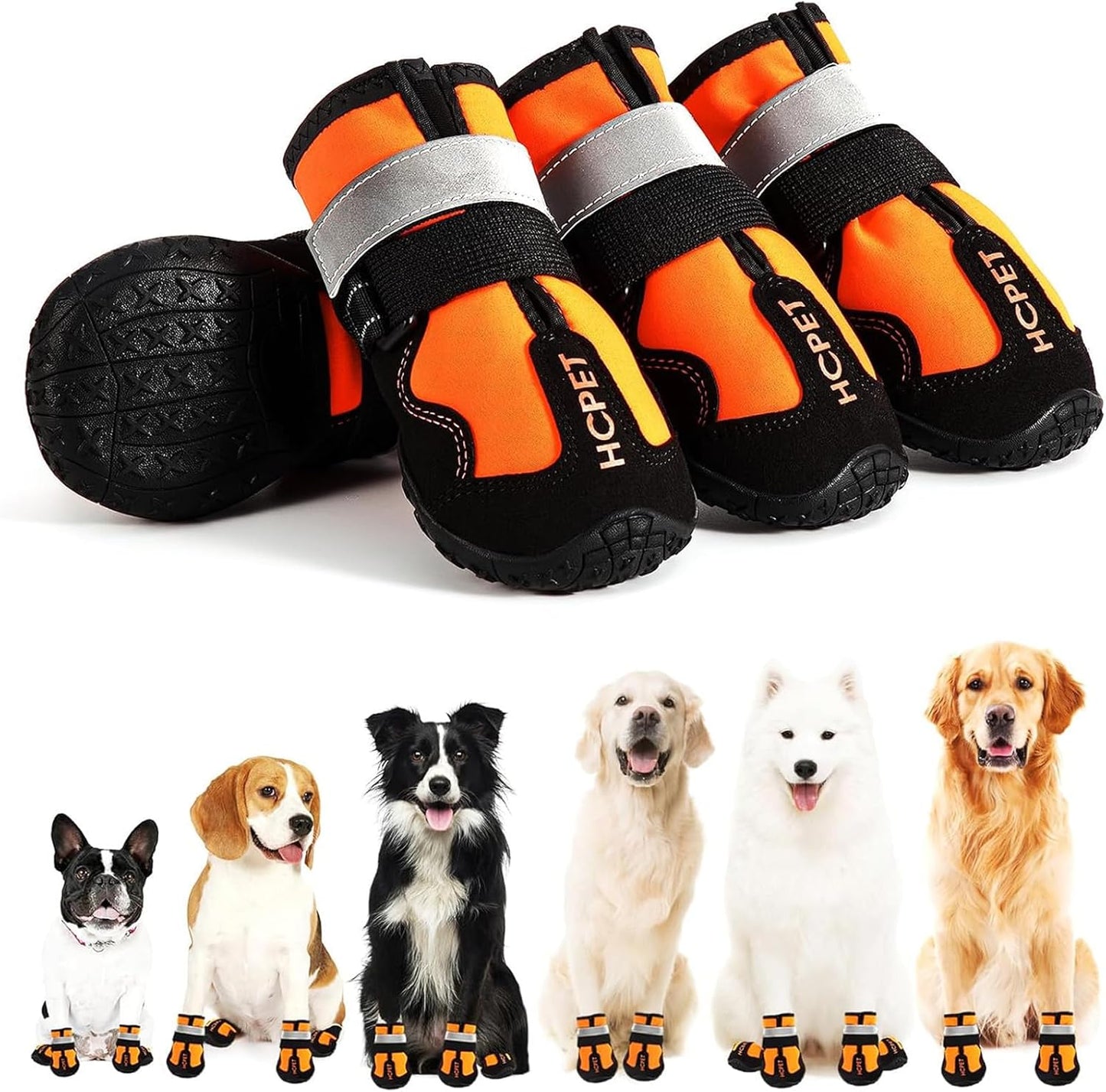 Hcpet Dog Shoes, Dog Boots for Large Dogs, Waterproof Dog Booties Paw Protector for Summer Hot Pavement, Winter Snowy Day, Outdoor Walking, Indoor Hardfloors Anti Slip Sole Orange Size 6