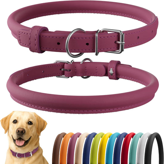 CollarDirect Rolled Leather Dog Collar, Soft Padded Round Puppy Collar, Handmade Genuine Leather Collar Dog Small Large Cat Collars 13 Colors (18-22 Inch, Pink Smooth)