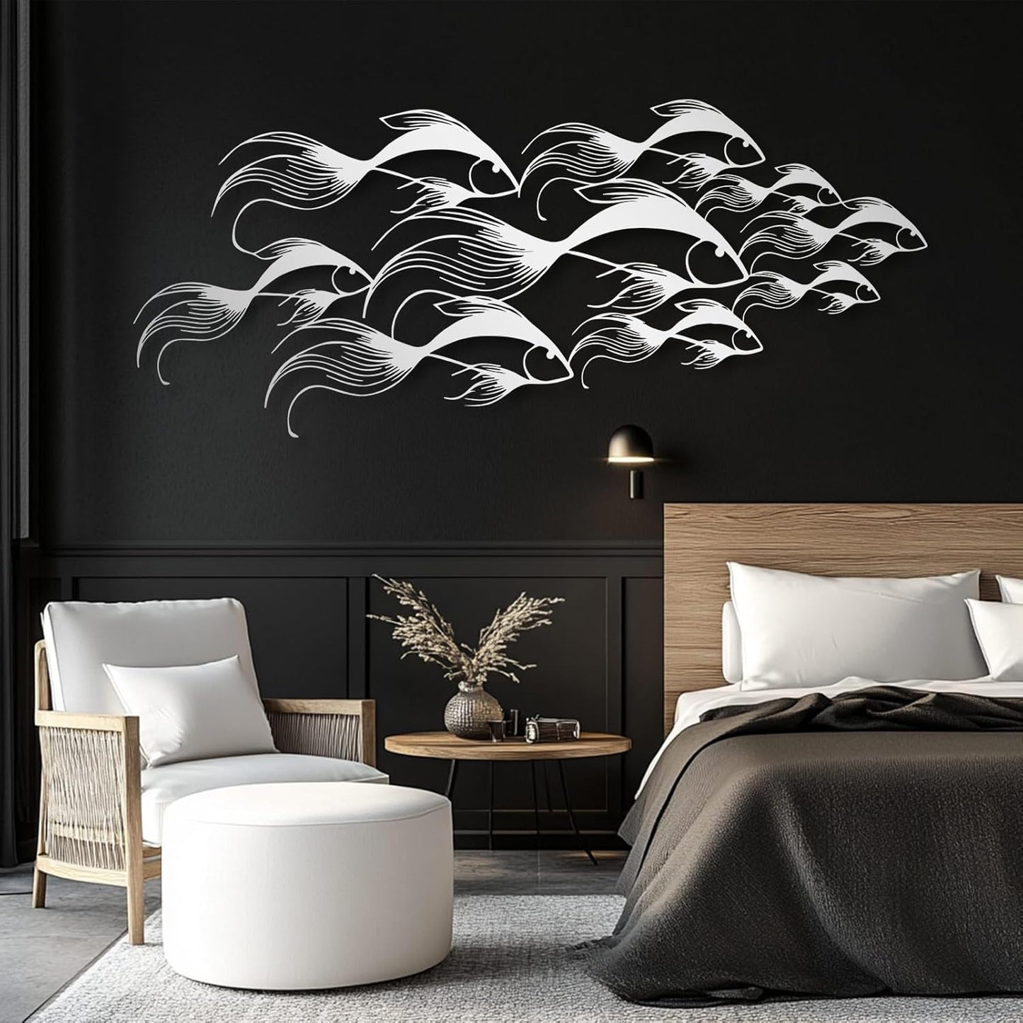 School of Fish Metal Wall Art, Metal Fish Wall Decor, Sea Life Wall Art, Large Nautical Wall Hanging, Modern Beach House Wall Decor, Ocean Themed Artwork for Bathroom (Silver, 48"x20" | 121x51cm)