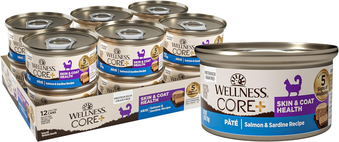 Wellness CORE+ Skin & Coat Pate Adult Wet Cat Food, Natural, Protein-Rich, Grain Free, 2.8 Ounce, 12 Pack (Salmon & Sardine)
