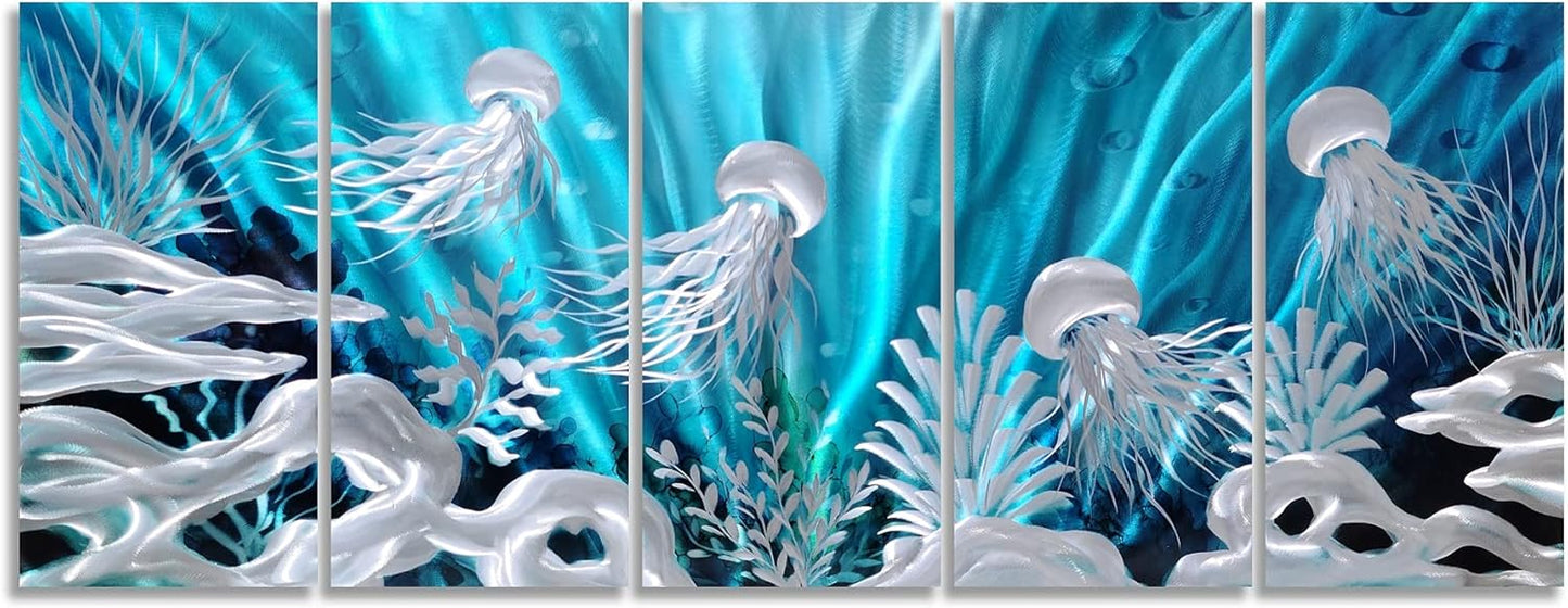 SYGALLERIER Jelly Fish Large Metal Wall Art Hand Grind Aluminum Artwork 3D Undersea World Coastal Pictures Nautical Decor for Living Room Bedroom