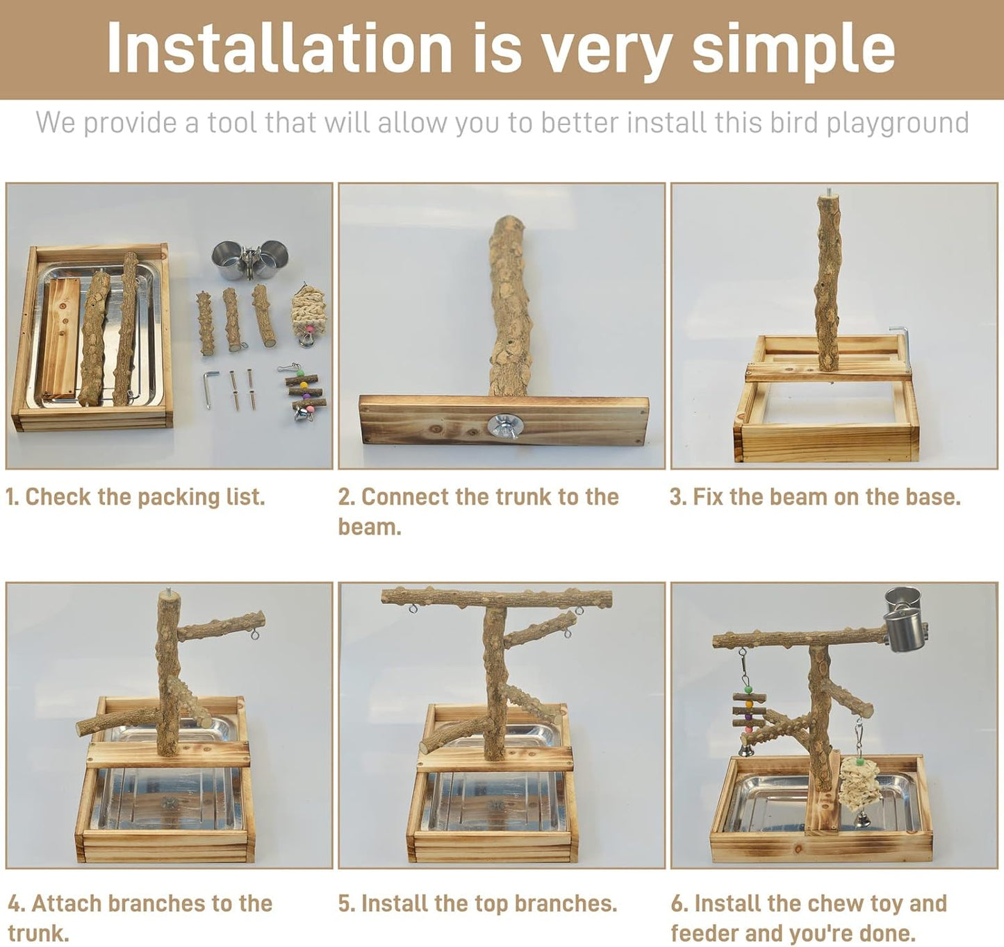 Natural Wood Bird Toys Playground, Bird Cage Accessories, Bird Perches, with Removable Tray and 2 Stainless Steel Cups