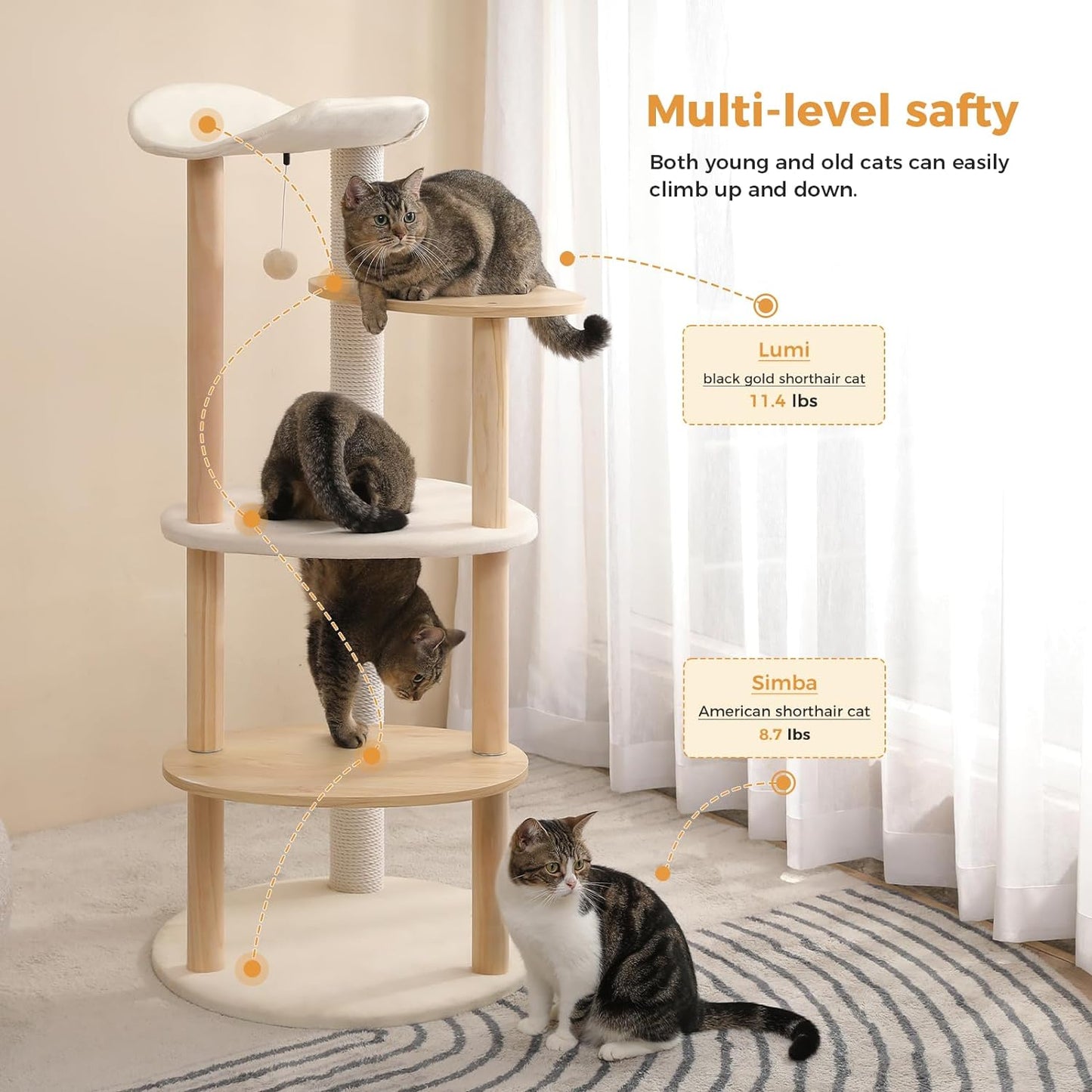 PETEPELA Wood Cat Tree Tower for Indoor Cats,5-Level Cat Climbing Tree Cat Play House with Sisal Scratching Posts Beige