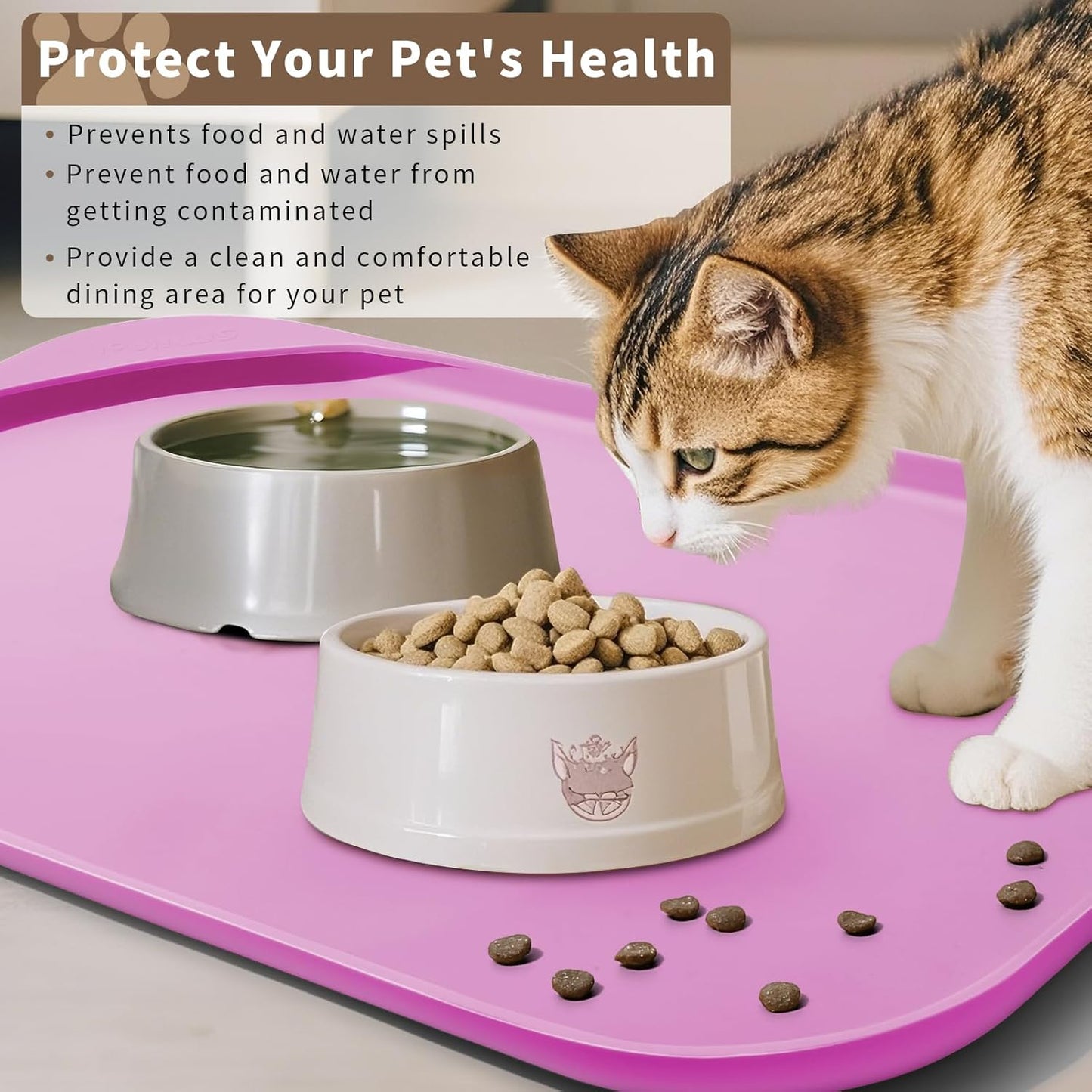 Silicone Pet Feeding Mat with Raised Edge & Residue Collection Pocket for Food and Water, Dog Bowl Mats, Cat Bowls Placemat with High Lip for Floor Waterproof, 22 x 14 x 0.8 Pink