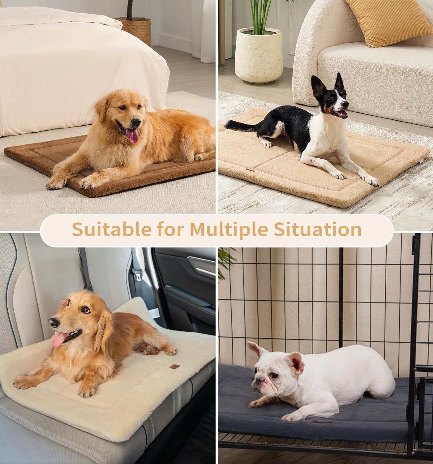 Made4Pets Dog Crate Pad Bed for Medium Large Dogs, Washable & Reversible, Anti-Slip Kennel Mat for Cozy Sleeping, Soft Fluffy Dog Bed for Indoor & Outdoor Use, 35"x23", Khaki