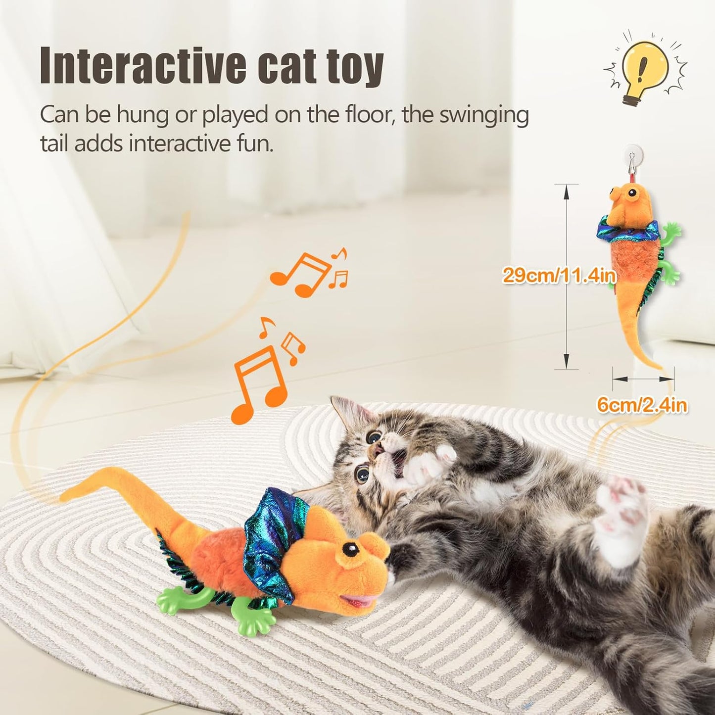 Migipaws Cat Toys, Touch Activated Flapping Chirping Lizard Kitten Toy with Catnip for Indoor Cats Kicker, Rechargeable (Orange)