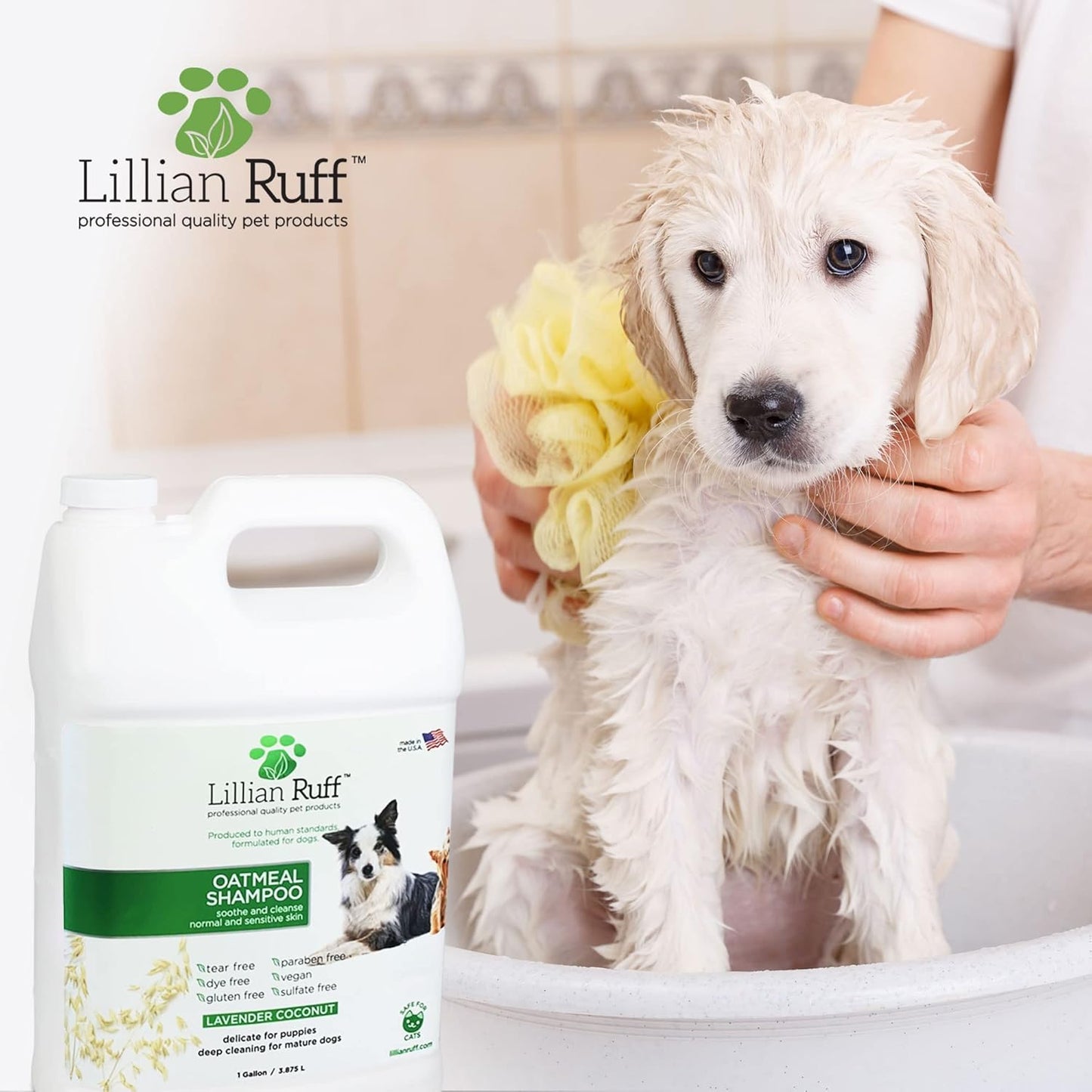 Lillian Ruff Calming Oatmeal Pet Shampoo for Dry Skin & Itch Relief with Aloe & Hydrating Essential Oils - Replenish Moisture & Deodorize -Gentle Dog Shampoo for Normal/Sensitive Skin (Gallon & Pump)