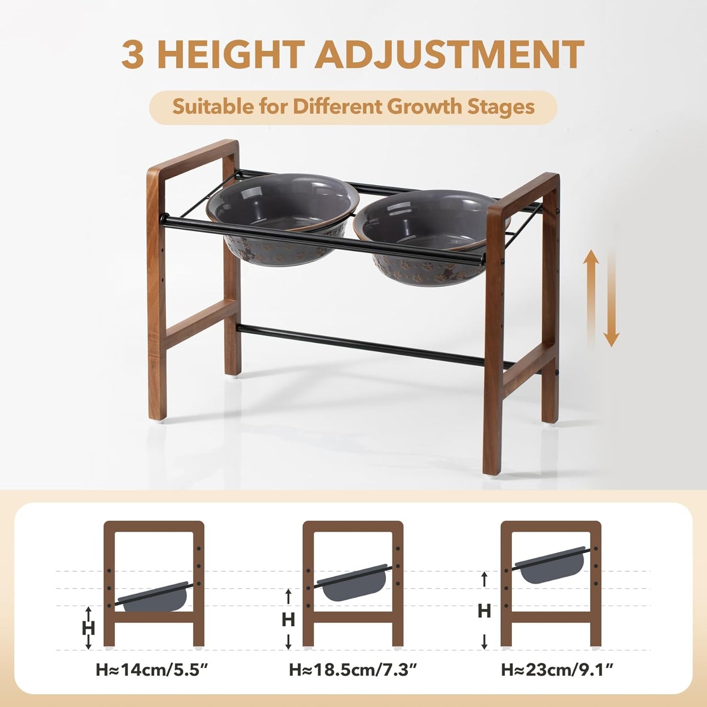 7.1inch Ceramic Adjustable Raised Double Bowls Set with Stand, 3 Heights Elevated, 2 Placement Options,Food and Water Bowls for Medium and Large Dog(Reactived Glaze -Grey)