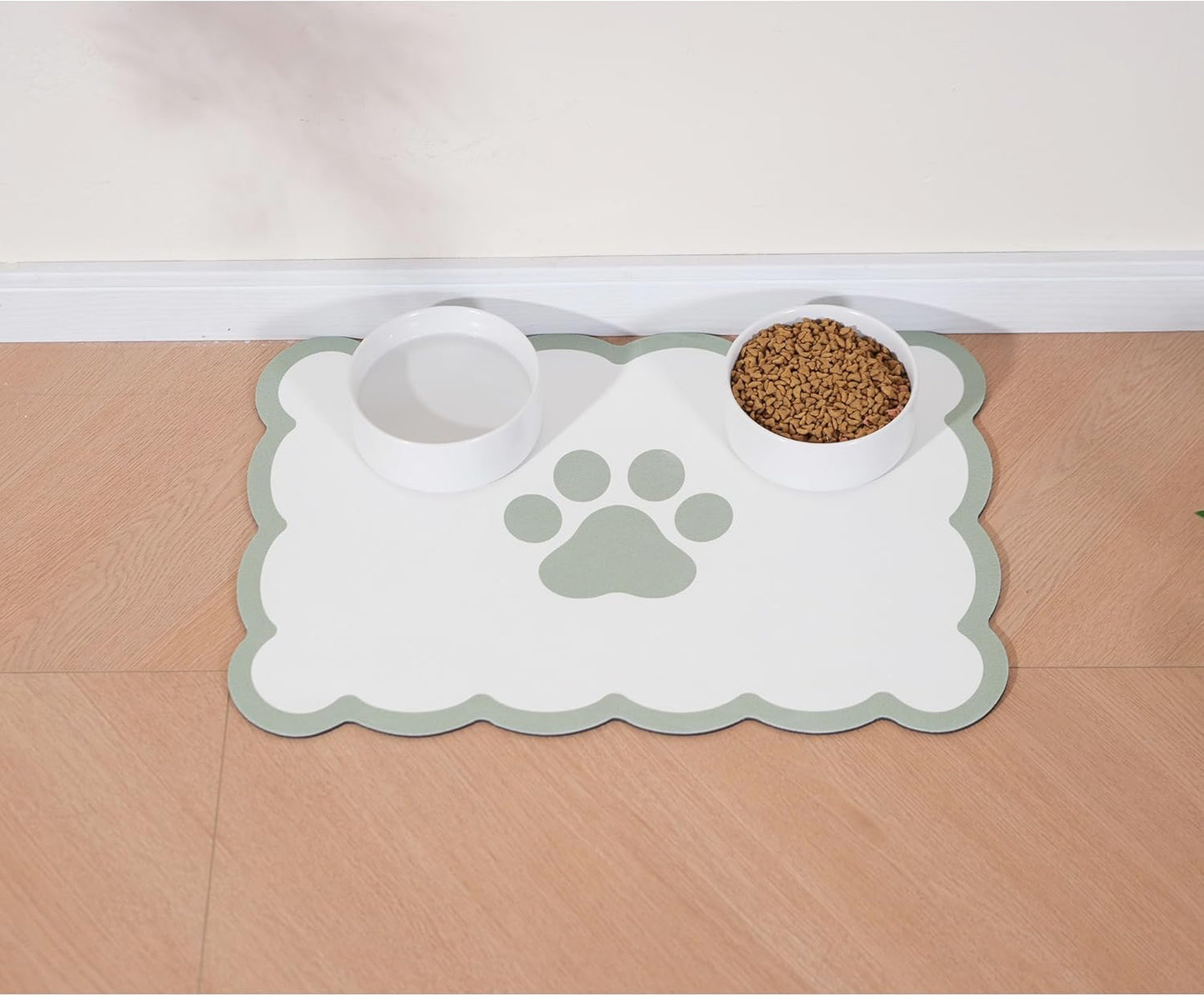 Ralxion Scalloped Dog Feeding Mat, Absorbent Mats for Dog Food and Water Bowl, Dispenser, Cute Elegant Aesthetic Sage Green Scallop Pet Placemat for Dogs, Cats, Puppy Accessories, 17" X 24”