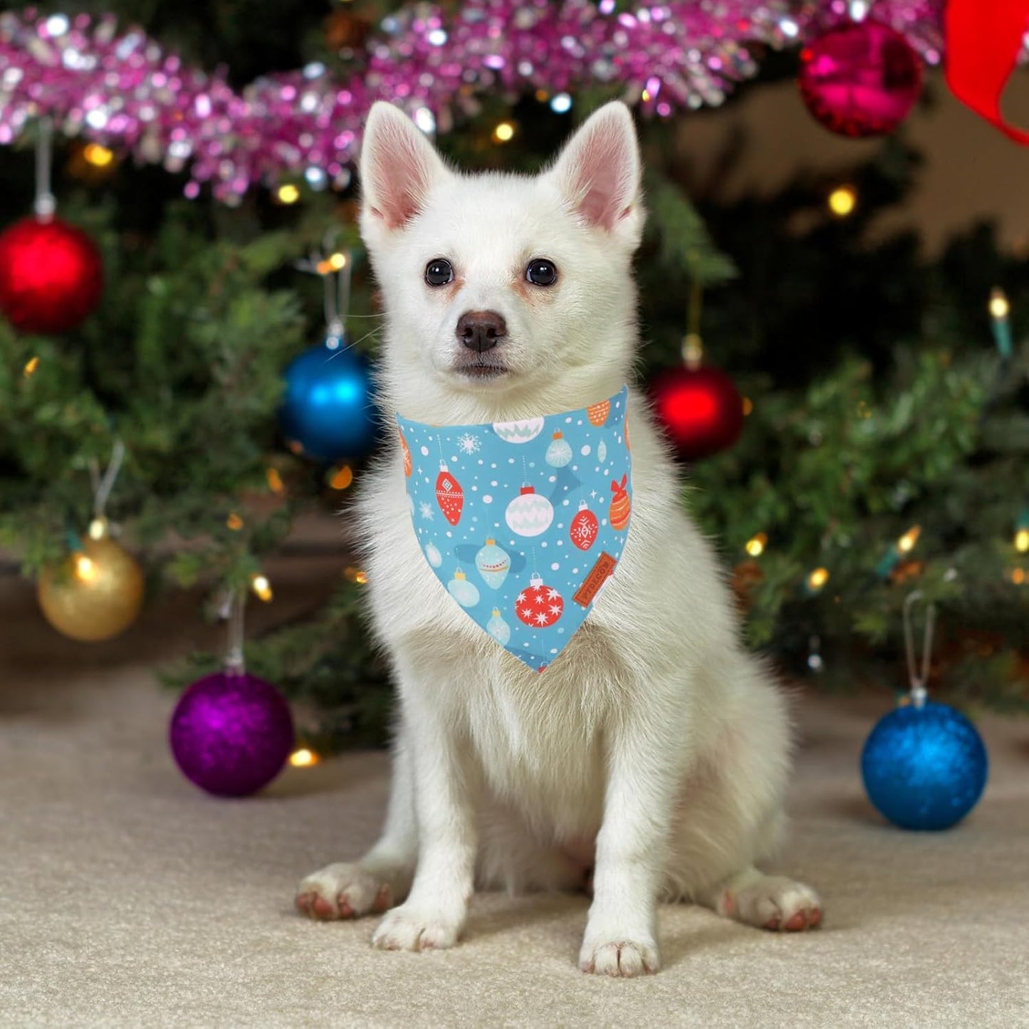 PTDECOR Christmas Dog Bandana, Xmas Light Bulb Santa Reversible Holiday Dog Scarf, Triangle Christmas Bandanas for Medium Large Dogs Pets (Large)