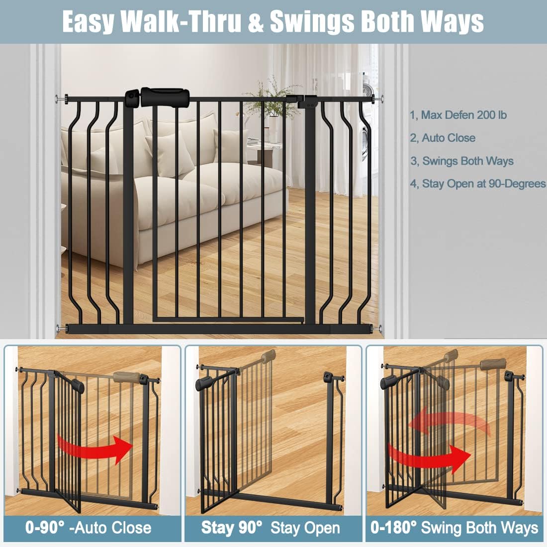 Walk Through Black Baby Gate 43.5-48 Inch Wide, Pressure Mounted Safety With Door No Drill, Tension Metal for Dog Cat and Toddler