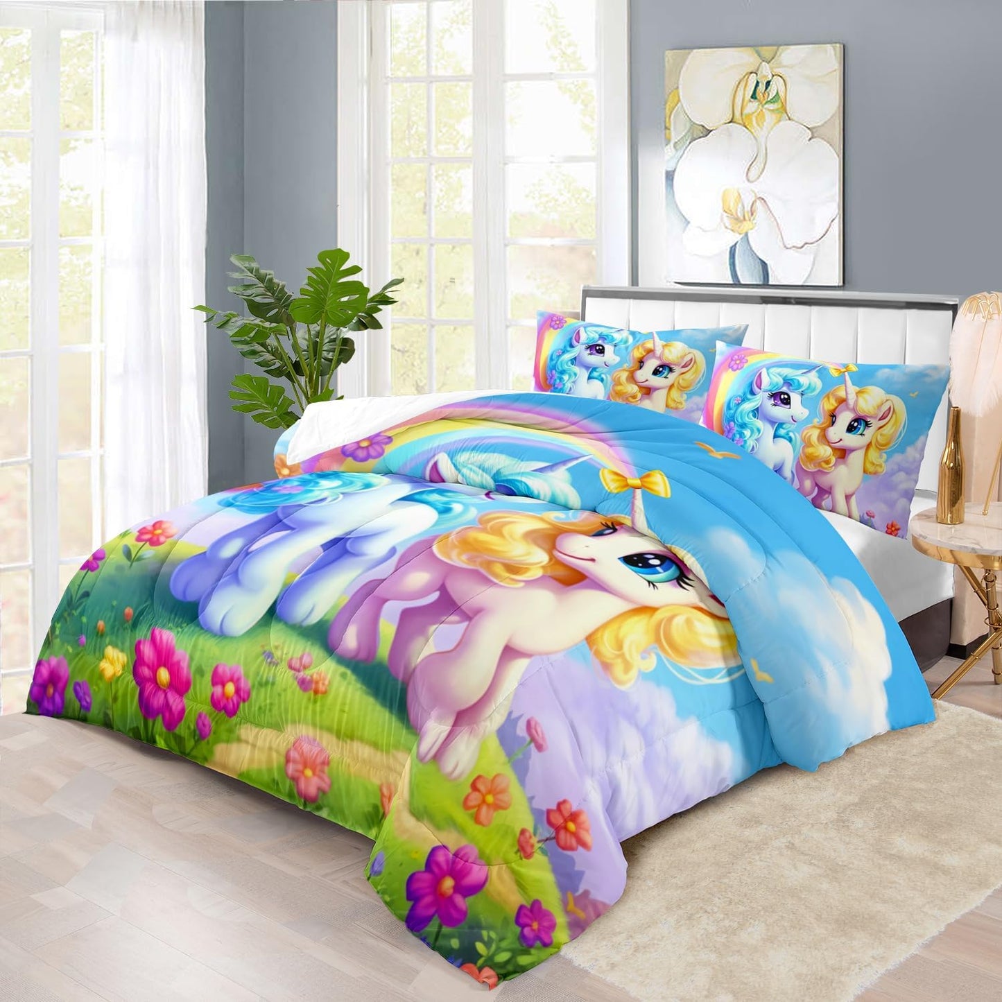 Unicorn Comforter Set Queen,Kawaii Unicorn Bedding Set Queen Kids,Rainbow Comforter Blue Bedroom Decor,Cute Animal Bedding Rainbow Bed Decor for Girls,Cartoon Blue Floral Quilt