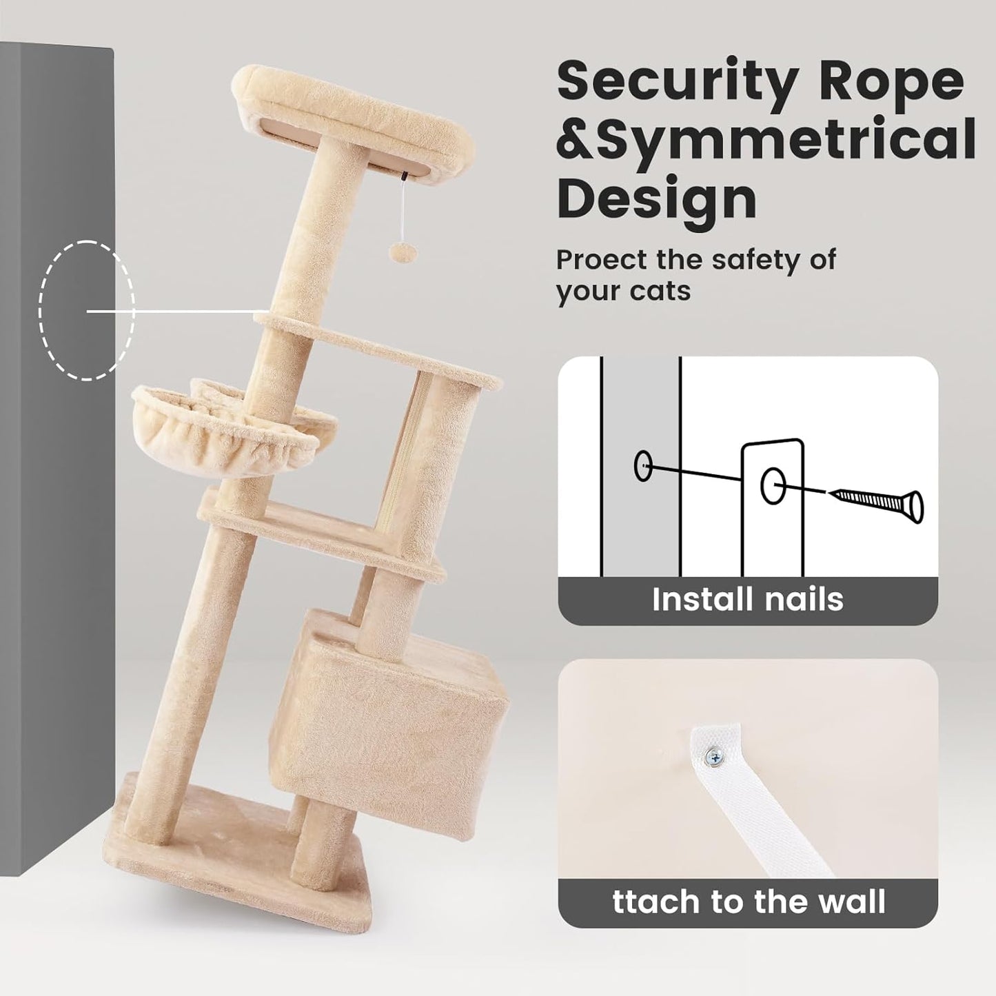 Gardner Pet 65in Heavy Duty Cat Tree Tower for Large Cats, Multi-Level Cat Furniture with Replaceable Sisal Scratching Post, Hammock | Extra-Large Platform & Condo (Beige)