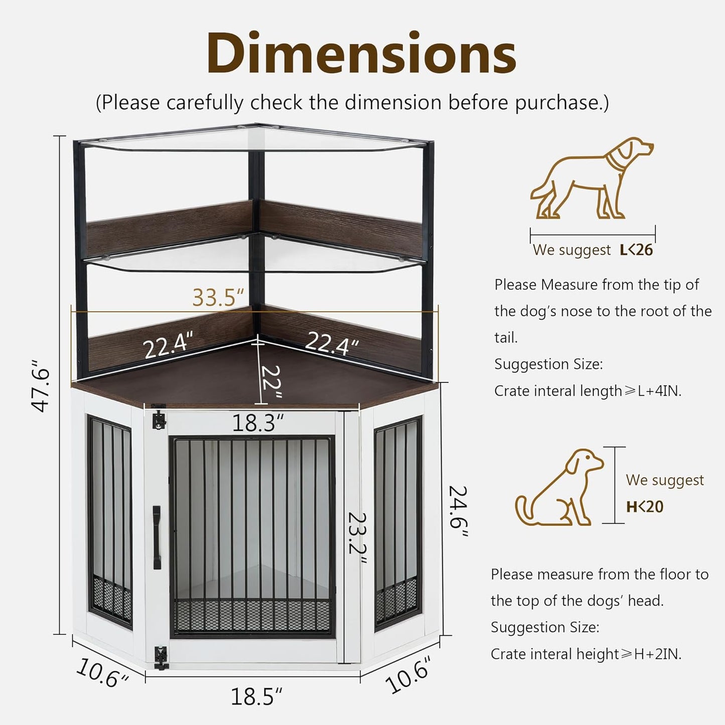 MCombo Small Corner Dog Crate Furniture with Glass Shelves, Wooden Dog Kennel Furniture with Door, Pet Crate Indoor Use, CN17 (White and Brown)