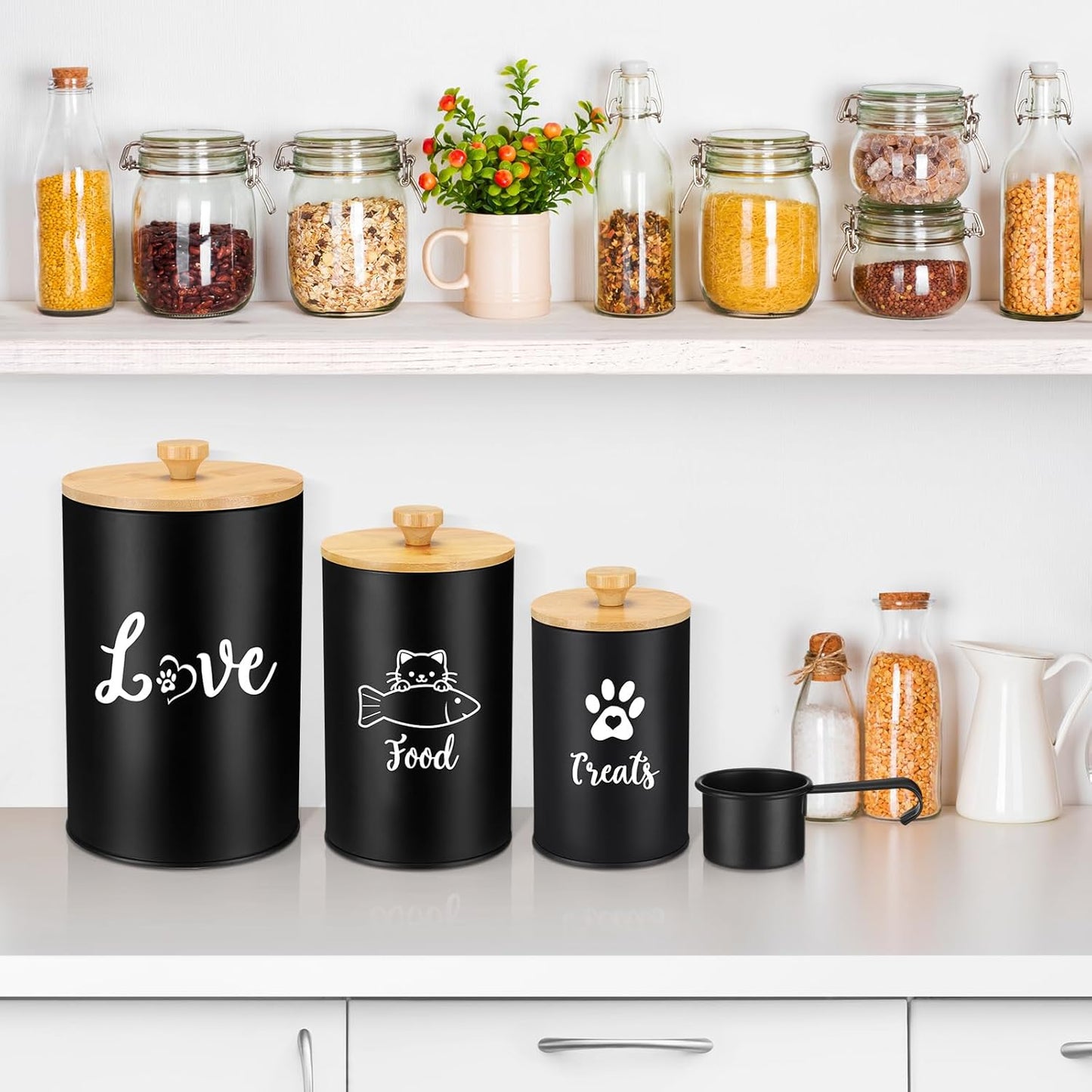 Metal Airtight Cat Treat Container Set of 3 with Bamboo Lids and Spoon Cat Food Storage Container with DIY Labels Pen Pet Cookie Snack Food Storage Organizer Jars for Kitchen Counter(Black)