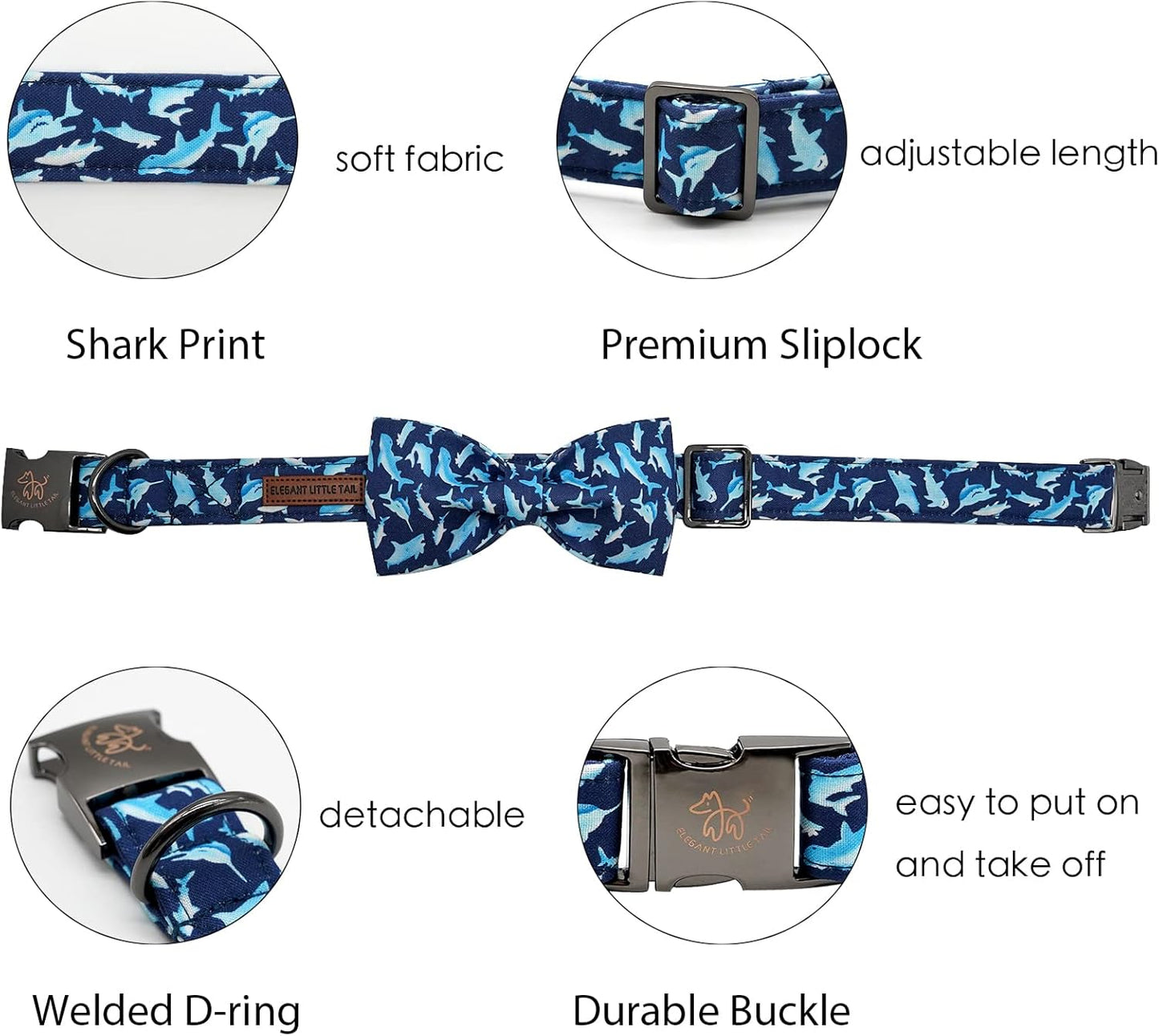 Elegant Little Tail Dog Collar with Bow, Shark Print Adjustable Cute Bowtie Collar for Medium Dogs