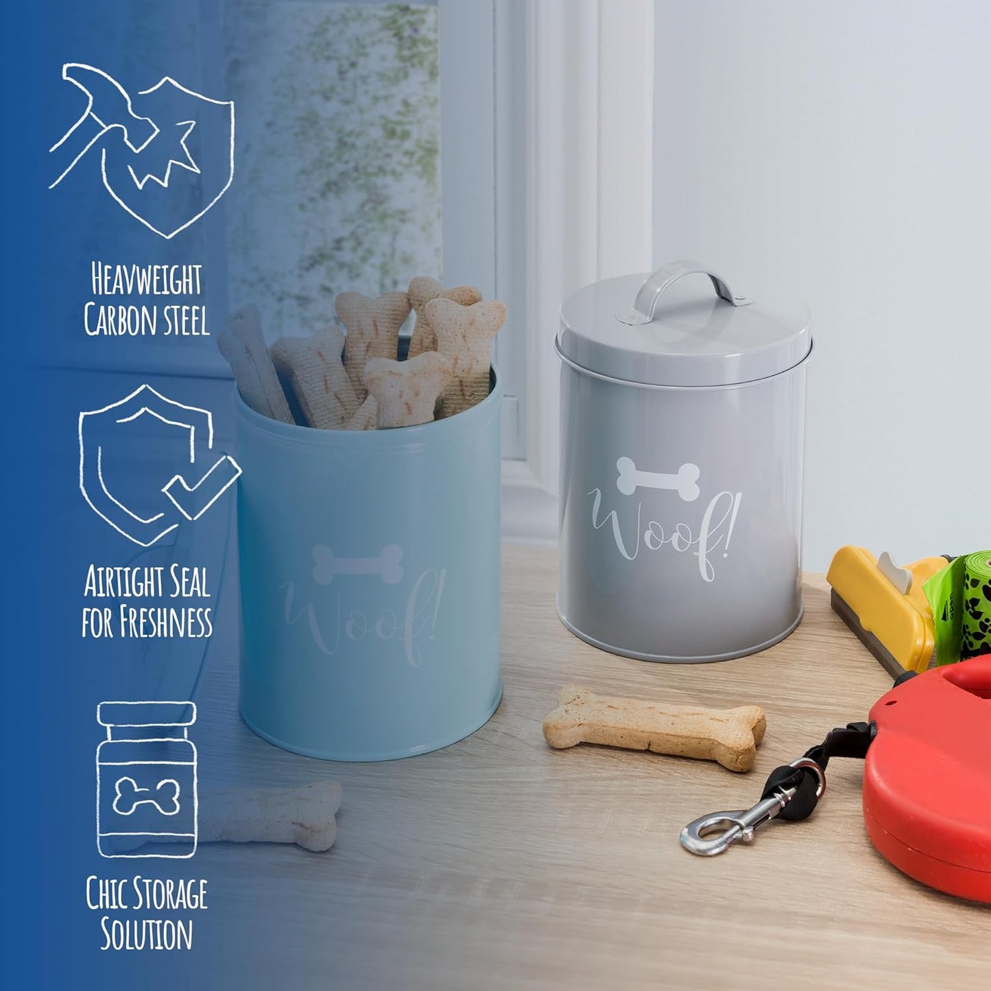 Park Life Designs - Metal Pet Treat Jar with Airtight Lid for Dogs, Cats, Puppies and More, Chic Kitchen Countertop Container for Cookies, Biscuits and Treats (Jasper, Grey, 1.4 Qt)