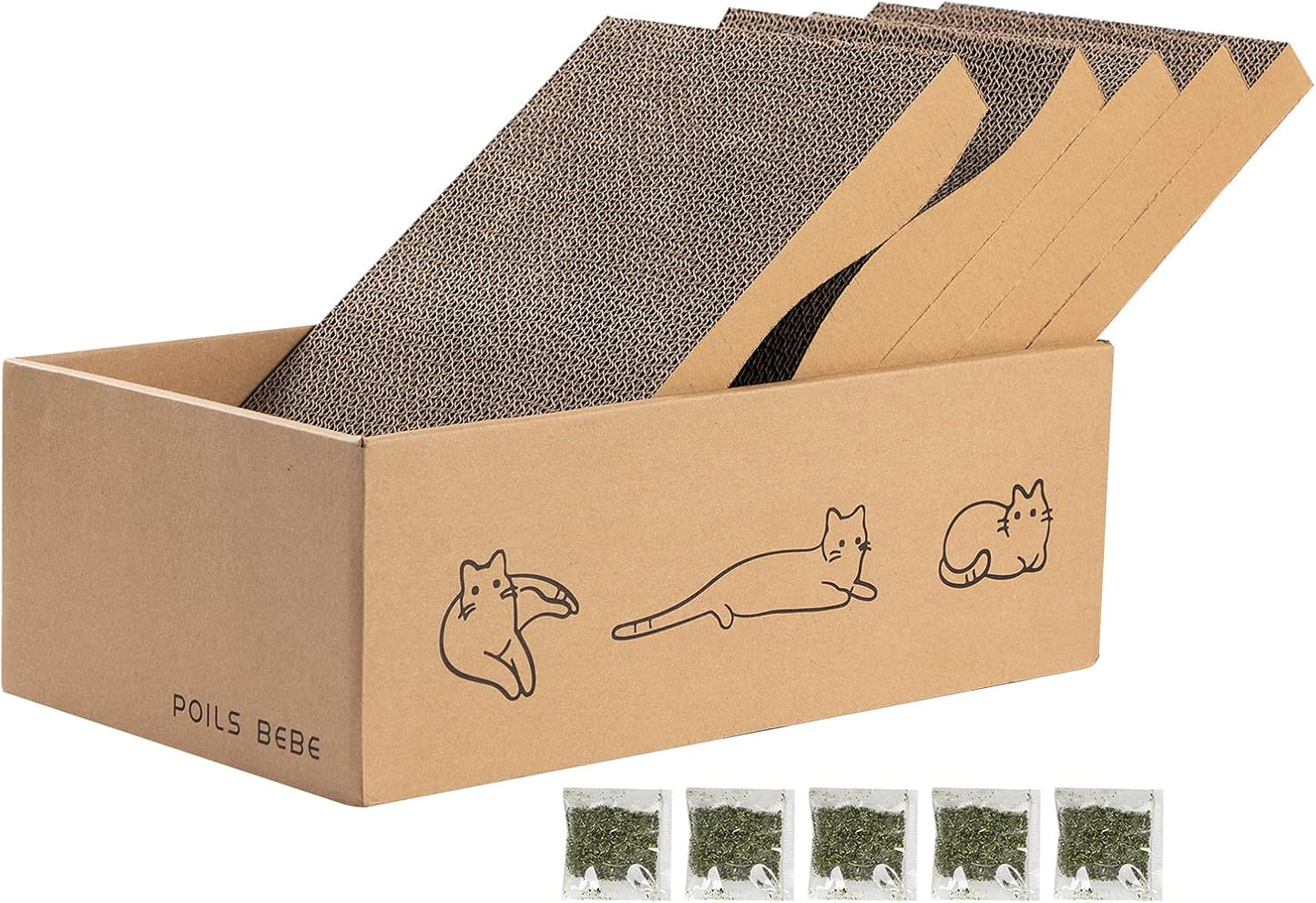 Poils bebe 5 PCS Cat Scratcher with Box, Reversible Cat Scratchers for Indoor Cats, Cardboard Cat Scratcher with Catnip, 2 Curved and 3 Flat Boards for Scratching Bed
