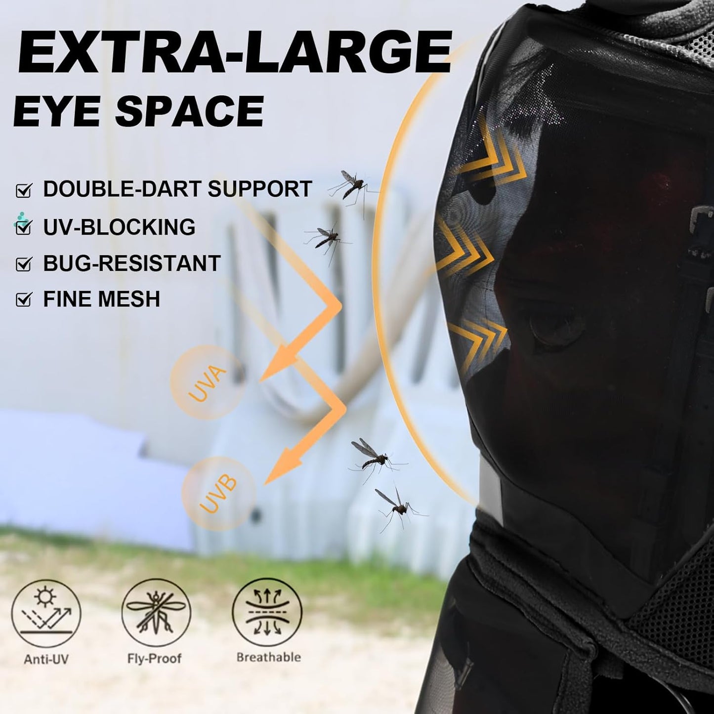 Luminous Horse Fly Mask with Long Nose, Ears, Full Face & Eye Protection - Full Mesh, Detachable Nose Cover, Fleece Padded Edging, Hook-and-Loop Straps with Webbing, Hanging Straps Black