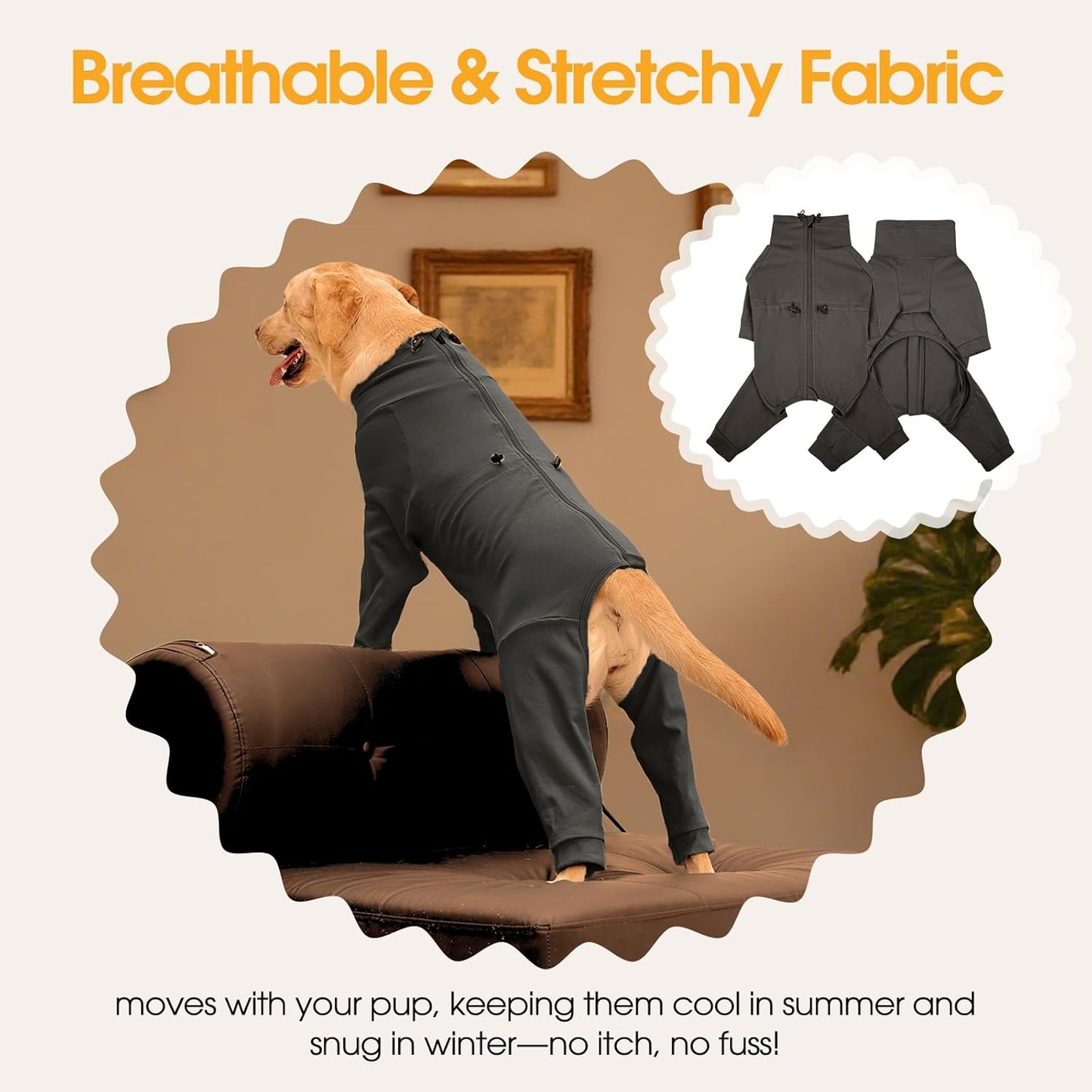 Dog Pajamas with Zipper Back, Adjustable Long Sleeve Pjs for Small Dogs, Anti-Licking Recovery Suit for Dogs After Surgery, Comfy Pet Onesie Outfit for Cocker Spaniel, French Bulldog, Grey M