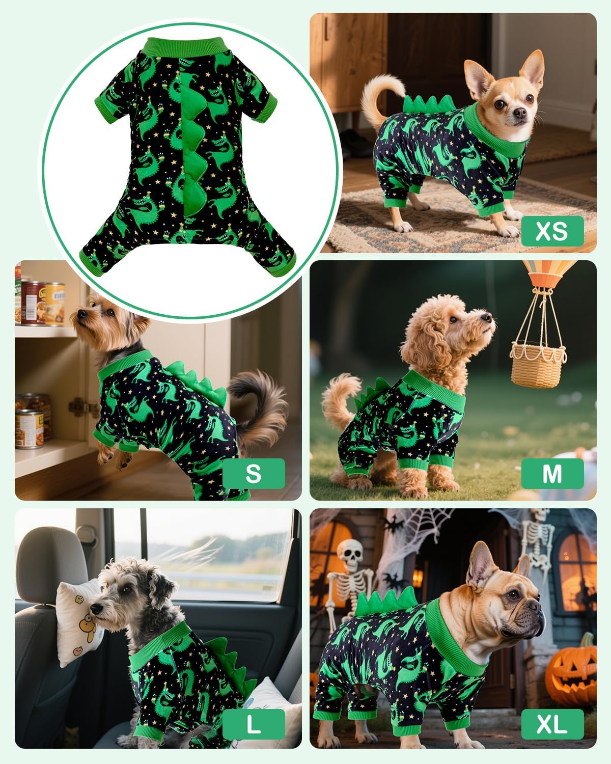 CuteBone Dinosaur Costume Dog Pajamas, Stretchy Spandex Crystal Velvet Sleepwear Coat for Small Dogs, Soft & Warm Pet Outfit Clothes for Cold Weather, Cozy Pullover Design COSP14S