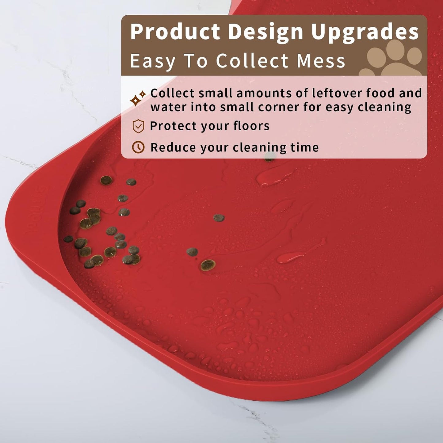 Silicone Pet Feeding Mat with Raised Edge & Residue Collection Pocket for Food and Water, Dog Bowl Mats, Cat Bowls Placemat with High Lip for Floor Waterproof, 22 x 14 x 0.8 Red