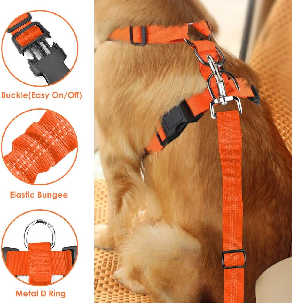 Lukovee Dog Seat Belt - Adjustable Dog Car Harness for Large, Medium & Small Dogs, Soft Padded & Breathable Mesh Dog Seatbelt with Vehicle Connector Strap (Orange, X-Small)
