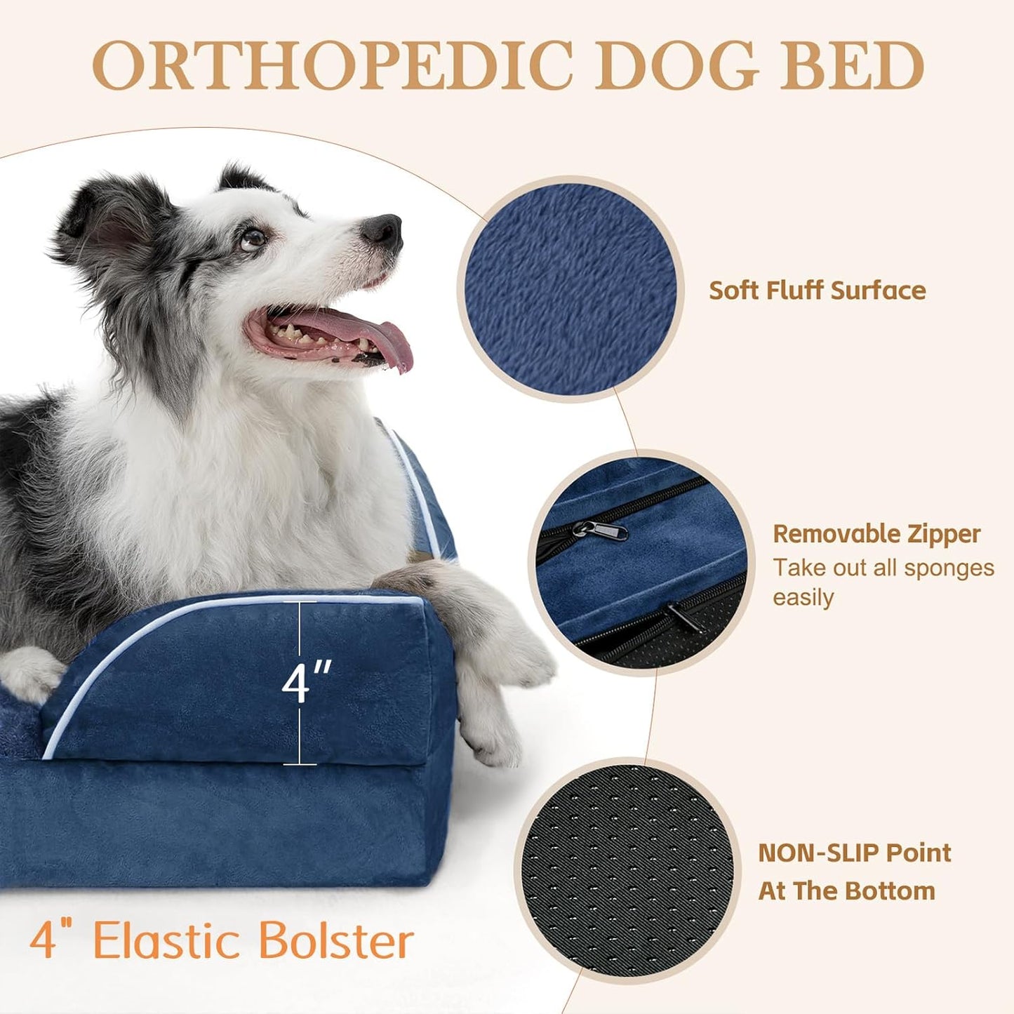 Comfort Expression Large Dog Beds Waterproof Orthopedic Foam Dog Sofa Beds Comfy Pet Bed with Washable Removable Cover & Non-Slip Bottom(Large,Navy Blue)