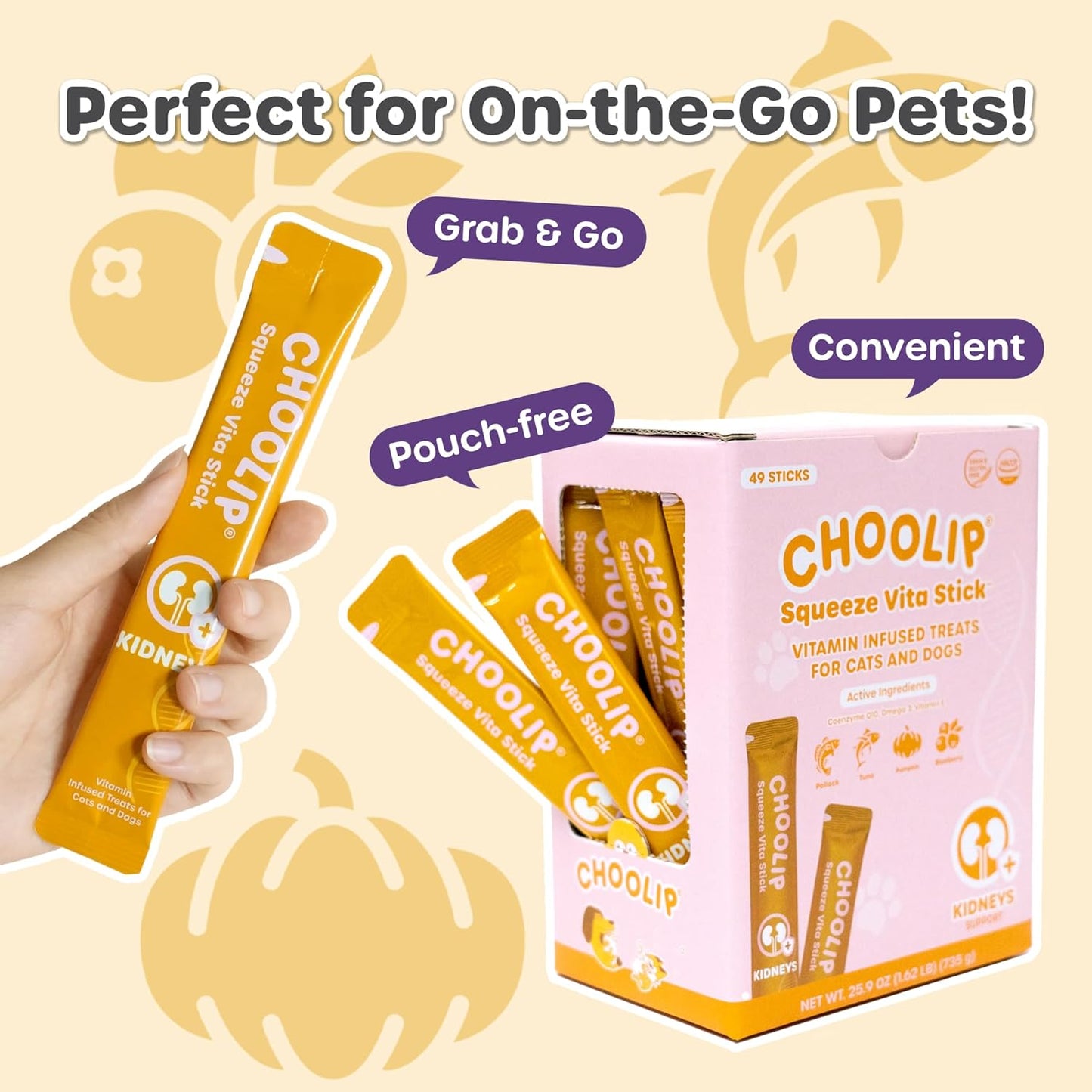 Grab & Go Squeeze Vita Stick Lickable Treats for Dogs & Cats. 49 Kidney Support Sticks with Essential multivitamins. Soft and Tasty Paste for All Life Stages, Supporting Kidney Health