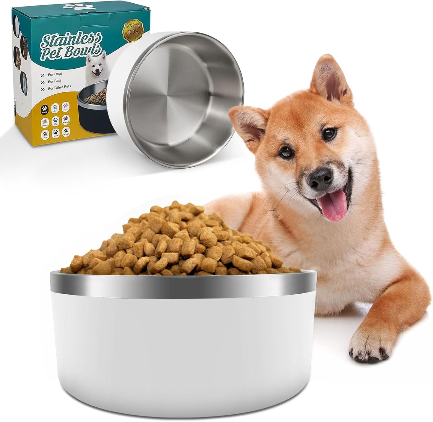 IKITCHEN Dog Bowl for Food and Water, 64 Oz Stainless Steel Pet Feeding Bowl, Durable Non-Skid Double Wall Insulated Heavy Duty with Rubber Bottom for Medium Large Dogs (64 Ounces/8 Cup, White)