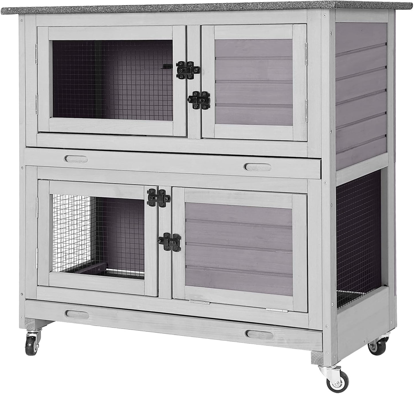 Gutinneen 2-Story Rabbit Hutch with Chew-Proof Ramp, 36" Indoor/Outdoor Rabbit Cage with 4 Casters & 2 Pull-Out Trays, Wooden Bunny Hutch Leakproof Small Animal Cage for Rabbits, Guinea Pigs