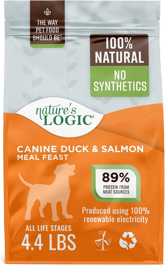 Nature's Logic Dry Dog Food - 100% Natural - No Synthetics - For All Ages, Sizes, Breeds - Free From Common Allergens, High Protein - Duck & Salmon Meal Feast, 4.4lbs