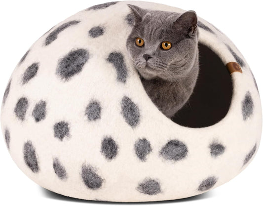 MEOWFIA Cat Cave – Premium Felt Cat Bed for Indoor Cats, Handmade 100% Merino Wool (Medium, Snow Leopard)