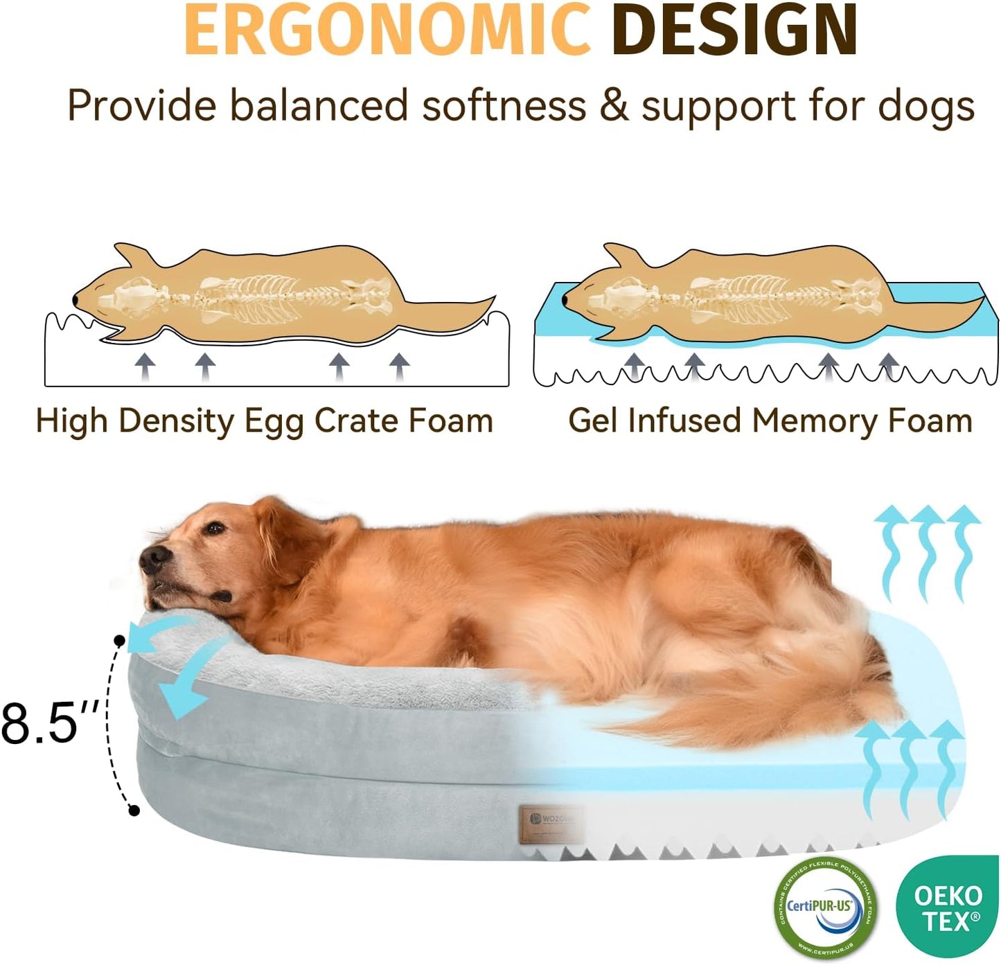 Orthopedic Washable Large Dog Bed: Cooling Dog Bed with Bolsters - Jumbo Bed Waterproof Removable Cover Non-Slip Pet Bed for Extra Large Sized - Silver