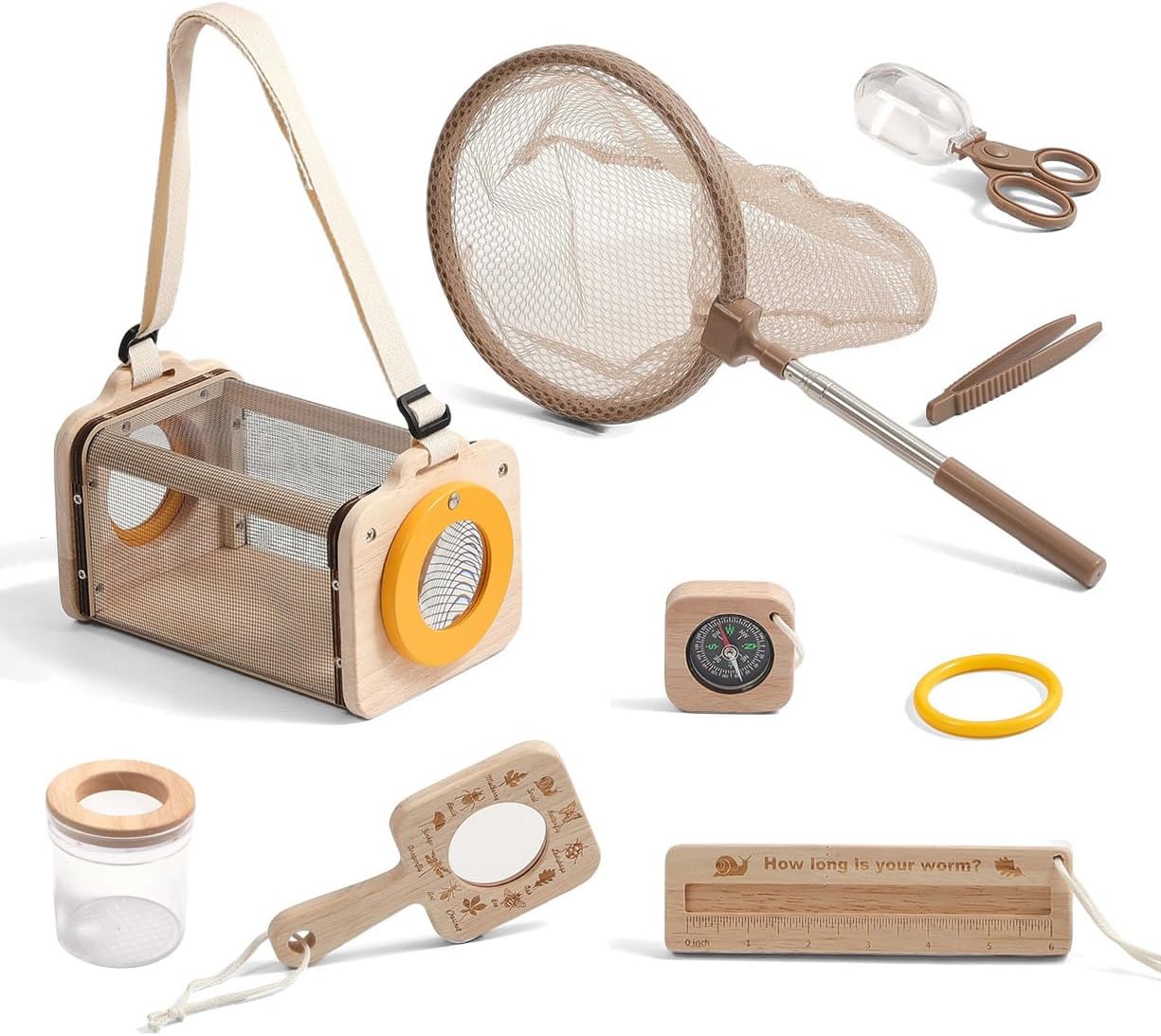 Wooden Bug Catcher for Kids, 8-in-1 Insect Exploration Set with Butterfly Net, Magnifying Glass, Bug Habitat, Tweezers, Compass,Outside Toys for Toddlers