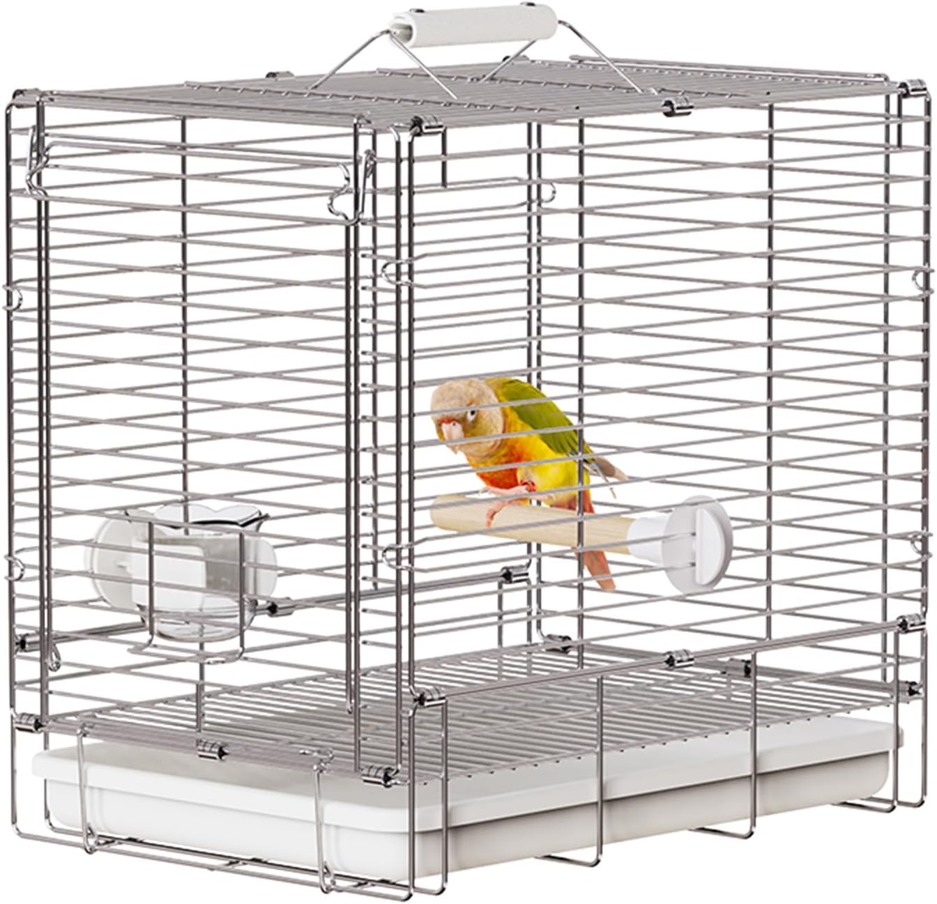 Bird Carrier Travel Cage - 304 Stainless Steel Portable Folding Bird Travel Cage with Parrot Feeder Cups & Standing Perch for Smaller Birds Conures Lovebird Cockatiel Parakeets (White)