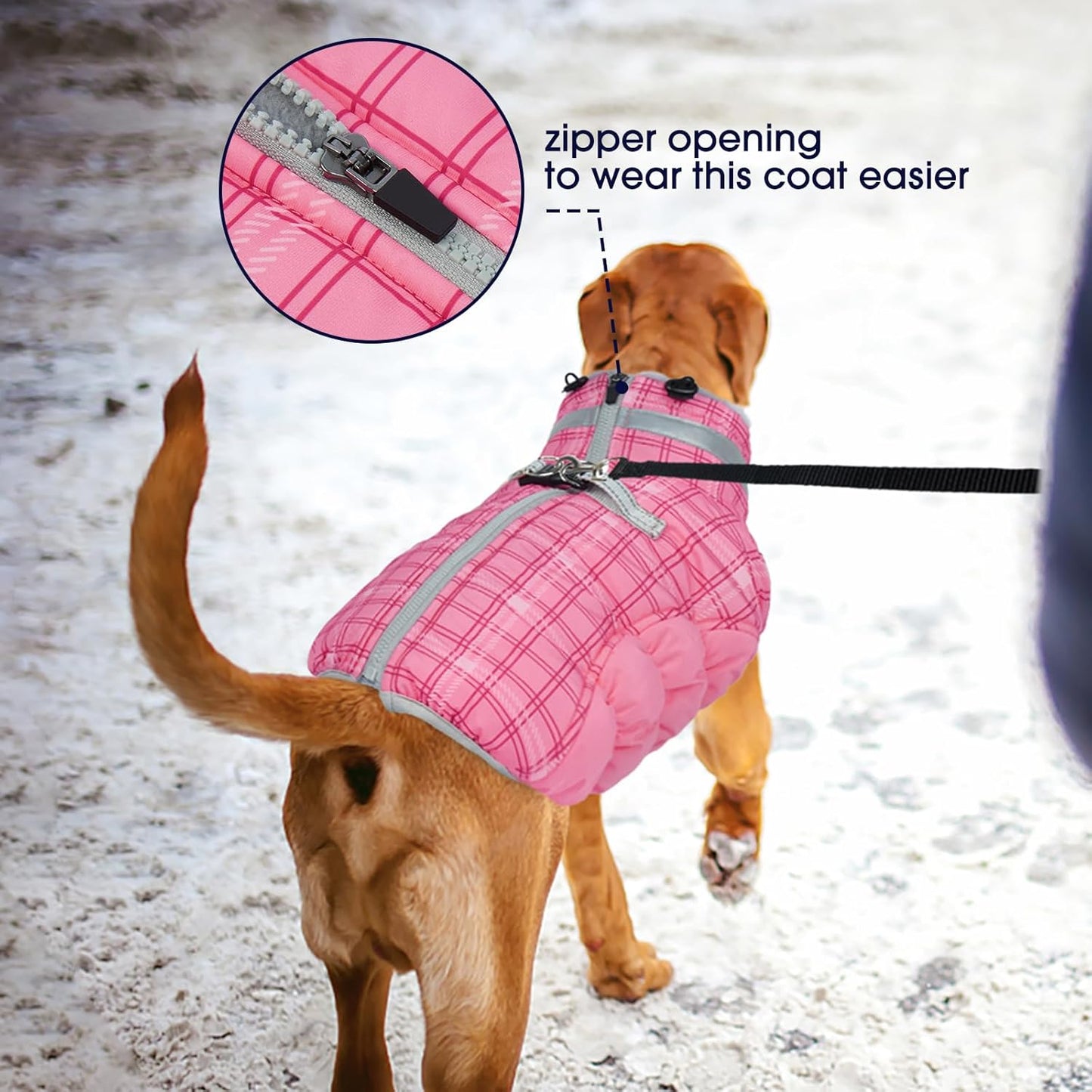 FUAMEY Dog Coat for Large Dogs,Waterproof Dog Winter Jacket with Harness Built in Puppy Cold Weather Coats Reflective Pet Vest with Zipper Warm Fleece Dogs Snowsuit Windproof Rose Plaid XL