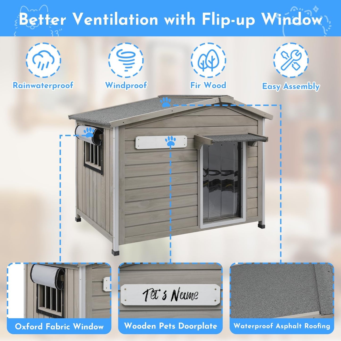 Outdoor Dog House Weatherproof Large Wooden Dog Kennel Indoor for Small Dogs with Chew-Proof Frame, Oxford Fabric Window, Removable Floor Pet Shelter (Grey, 40.1" D x 26.4" W x 28" H)