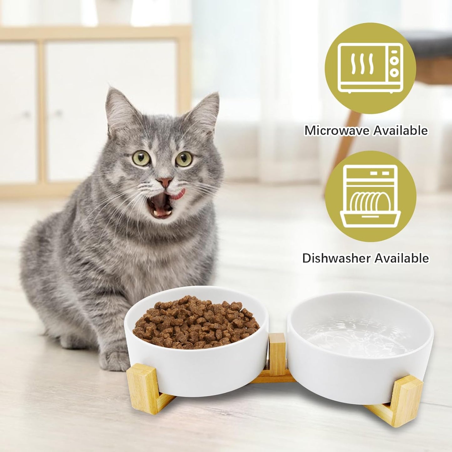 Ceramic Cat Bowls with Bamboo Stand,Non-Slip Small Dog Food and Water Bowl Set Non-Spill Cats Feeder Dish Modern Cute Weighted Cat Dishes for Small Dogs Puppy Cats Kitten(White)